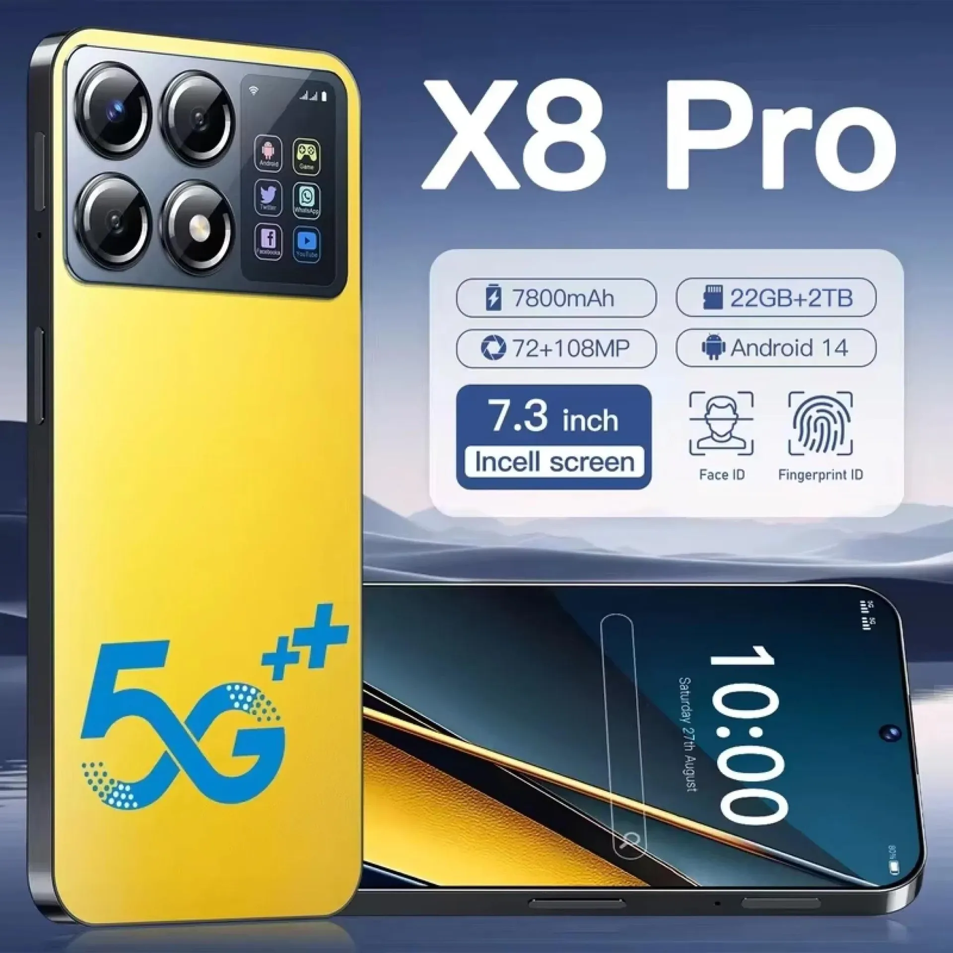 Teléfono inteligente X2024 Pro 8 NUEVO Versión global de 7.3 pulgadas 22G + 2TB Snapdragon 8 gen3 Android14 50 + 108MP 4G / 5G Teléfono móvil