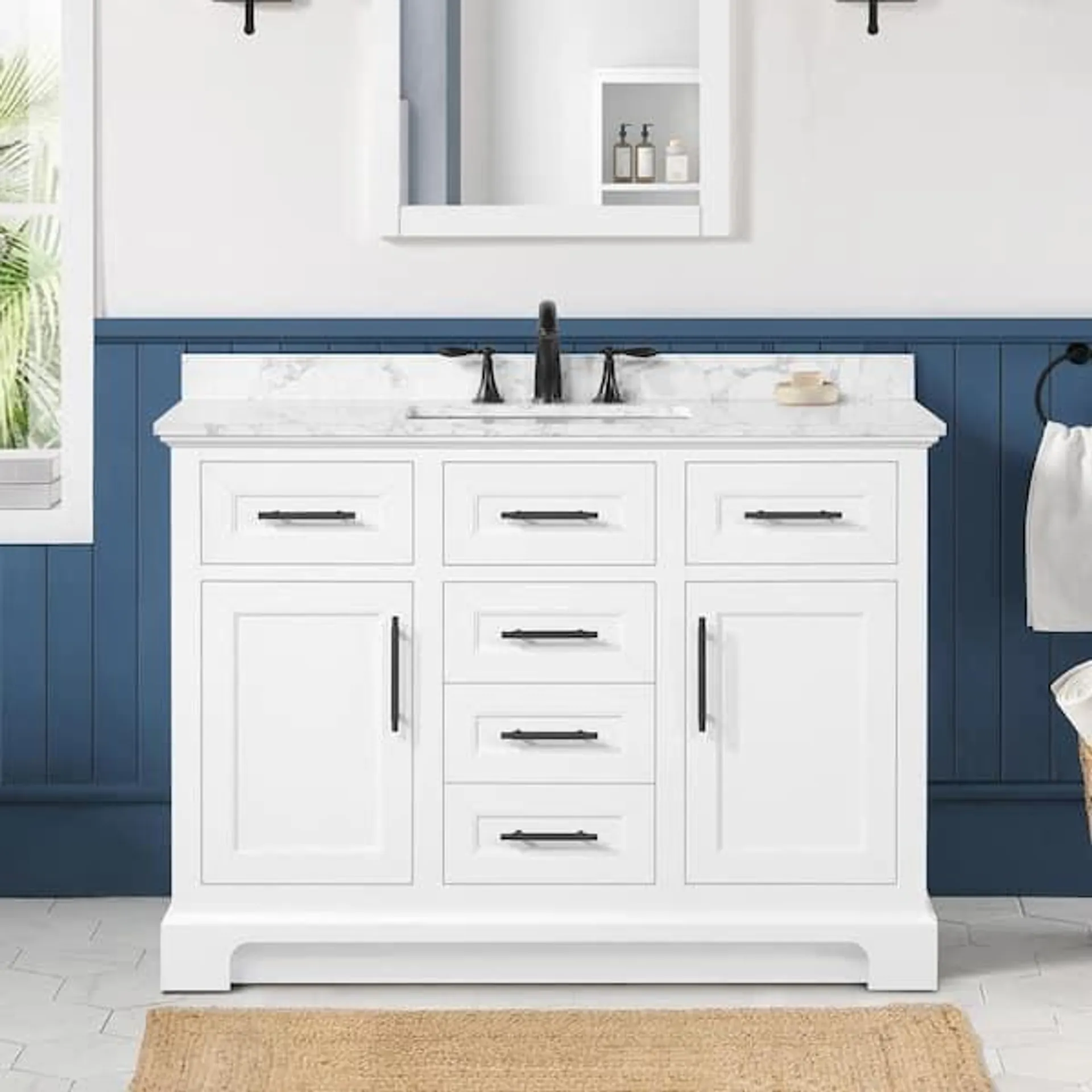 Doveton 48 in. Single Sink Freestanding White Bath Vanity with White Engineered Marble Top (Assembled)