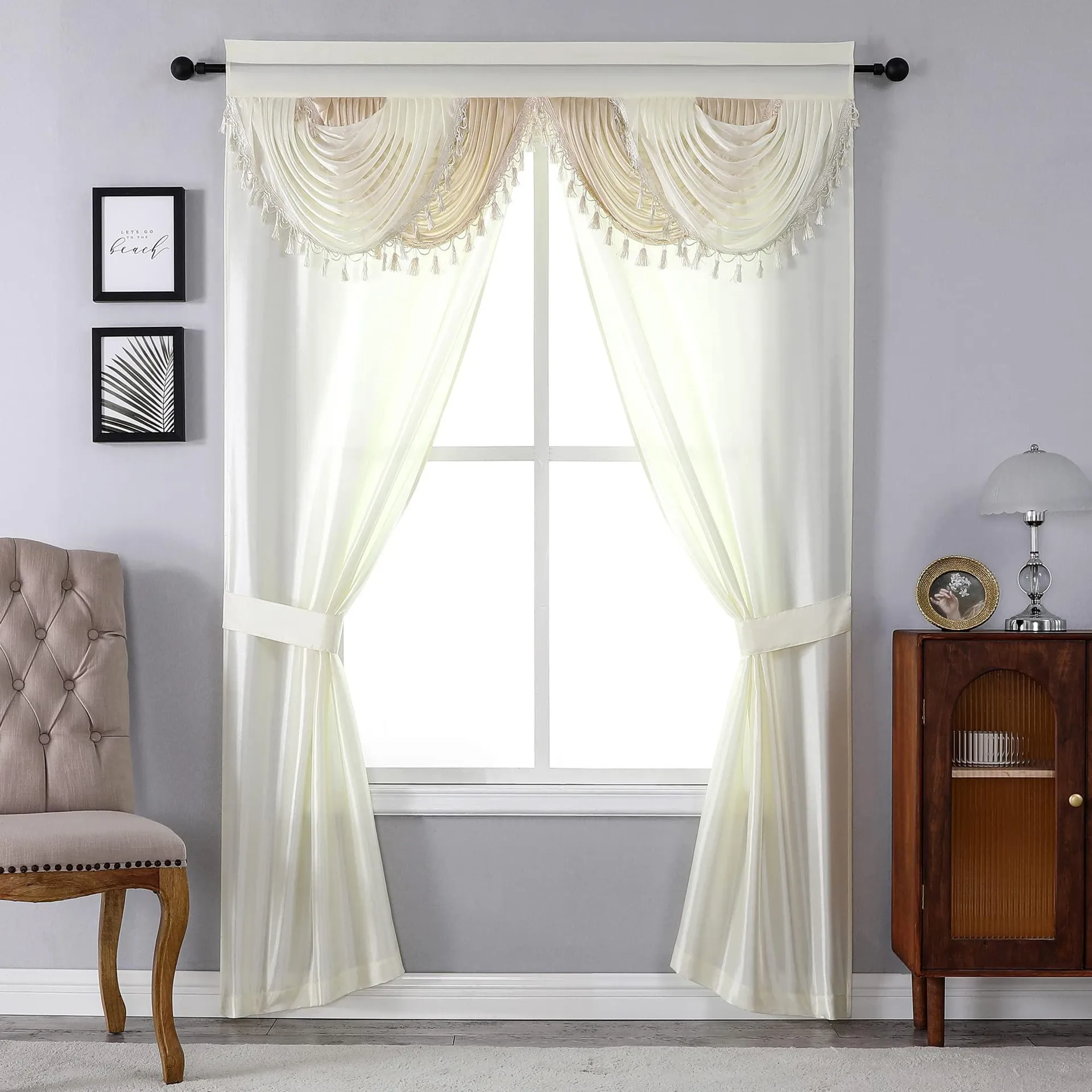 Regal Home collections Amore curtains 5-Piece Window curtain Set - 54-Inch W x84-Inch L Panels with Attached Valance and 2 Tieba