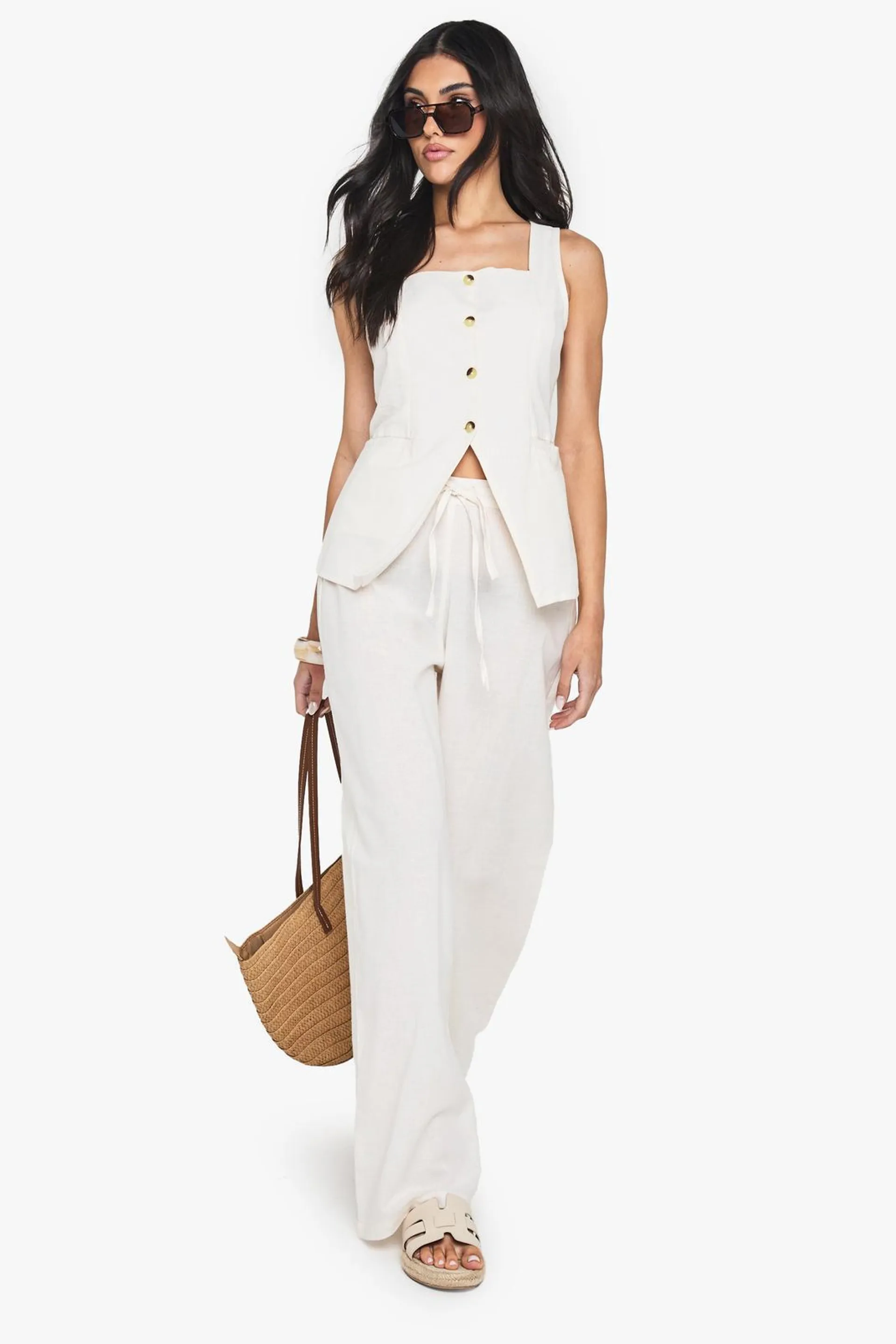 Linen Look Square Neck Waistcoat And Tailored Wide Leg Trousers Co-Ord