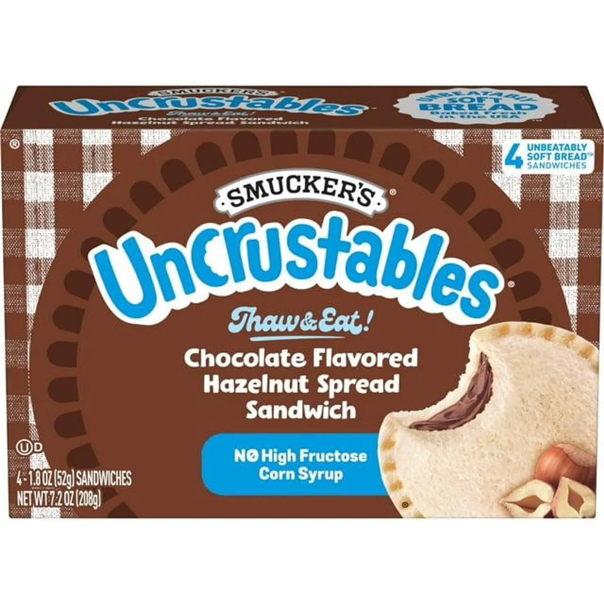 Smucker's Uncrustables Chocolate Flavored Hazelnut Spread Sandwiches, 4 Count, 1.8 Oz Each, Frozen