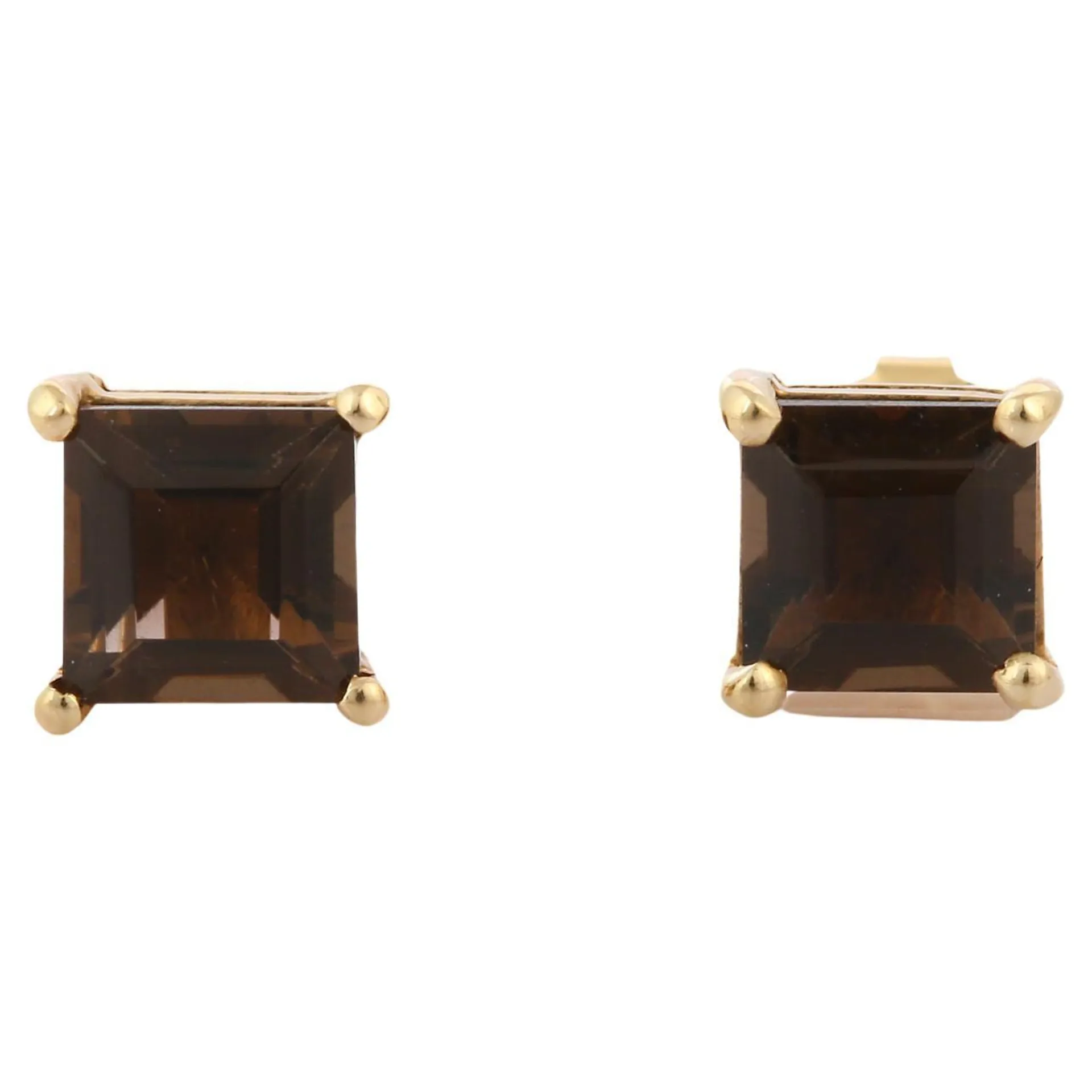 Square Cut Smoky Quartz Studs Pierced Push Back Earrings in 14K Yellow Gold