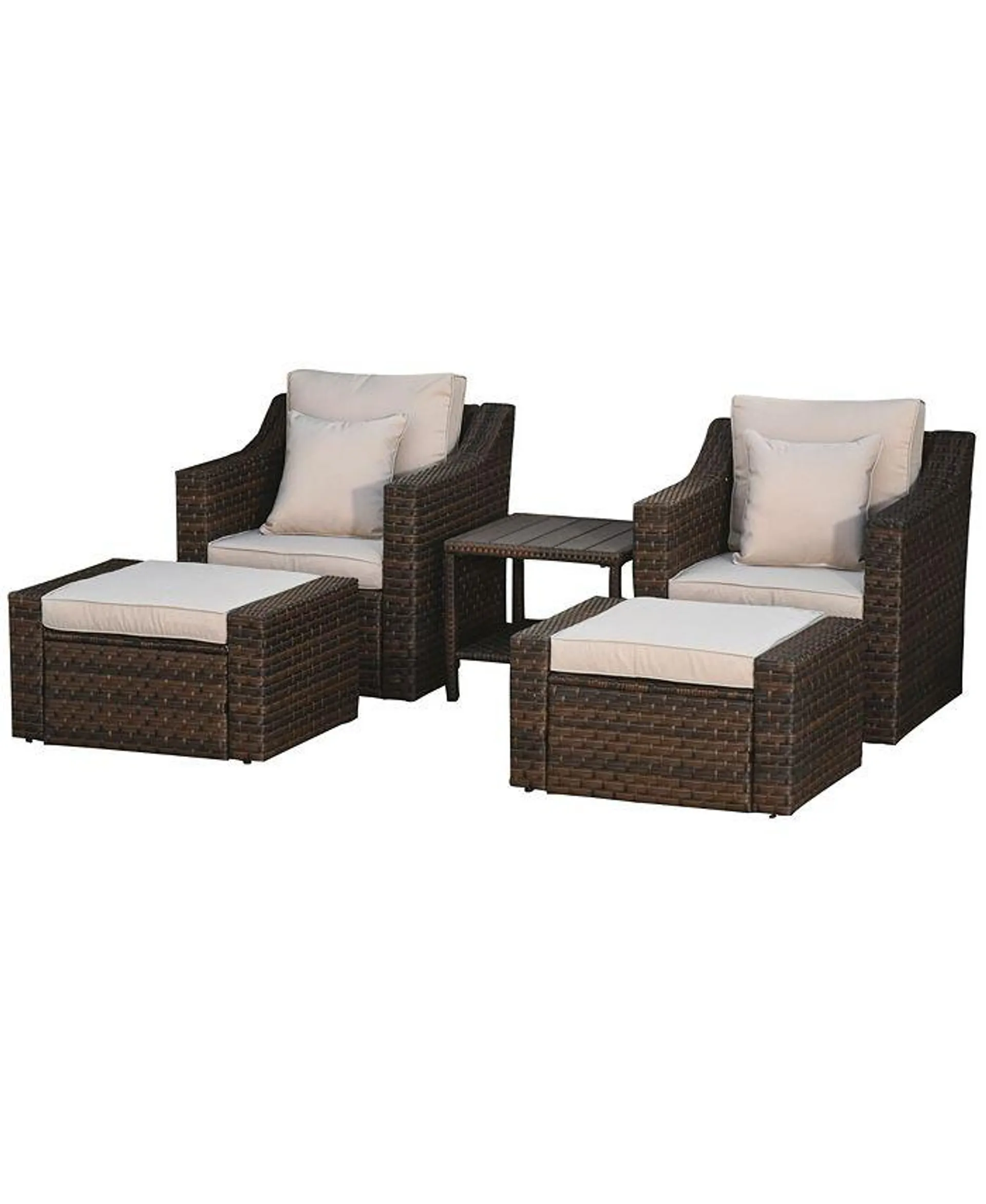 5-Piece PE Rattan Outdoor Patio Armchair Set with 2 Chairs, 2 Ottomans, Coffee Table Conversation Set, & Durable Build, Beige