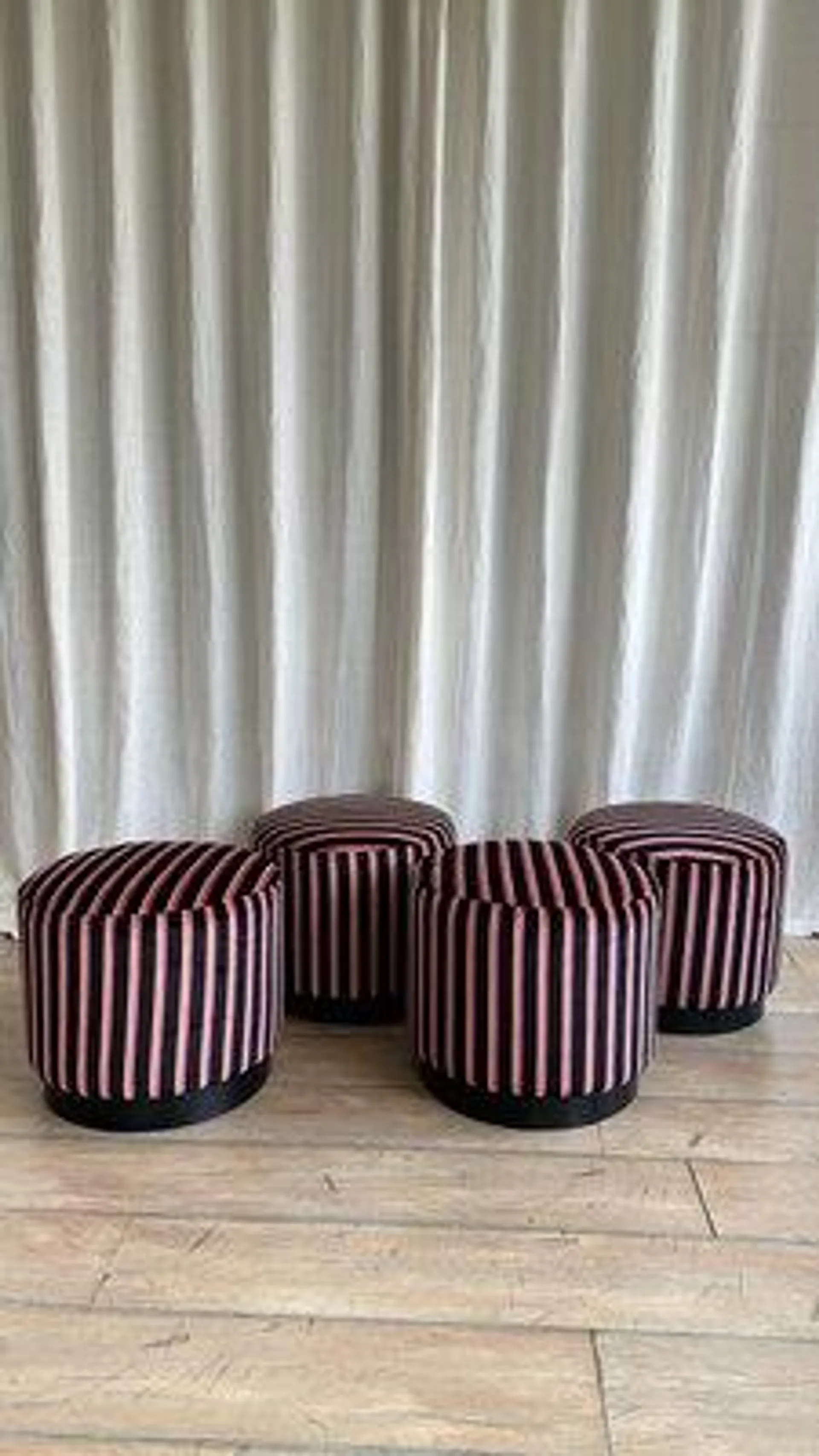 Modern Pink and Yellow Striped Black Velvet Pouf, 2000s