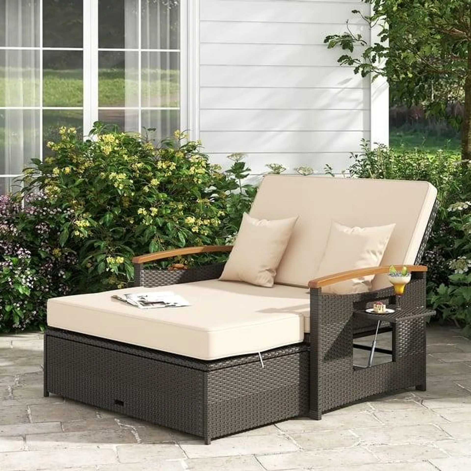 Patio Rattan Daybed Set with Cushioned Loveseat & Storage Ottoman