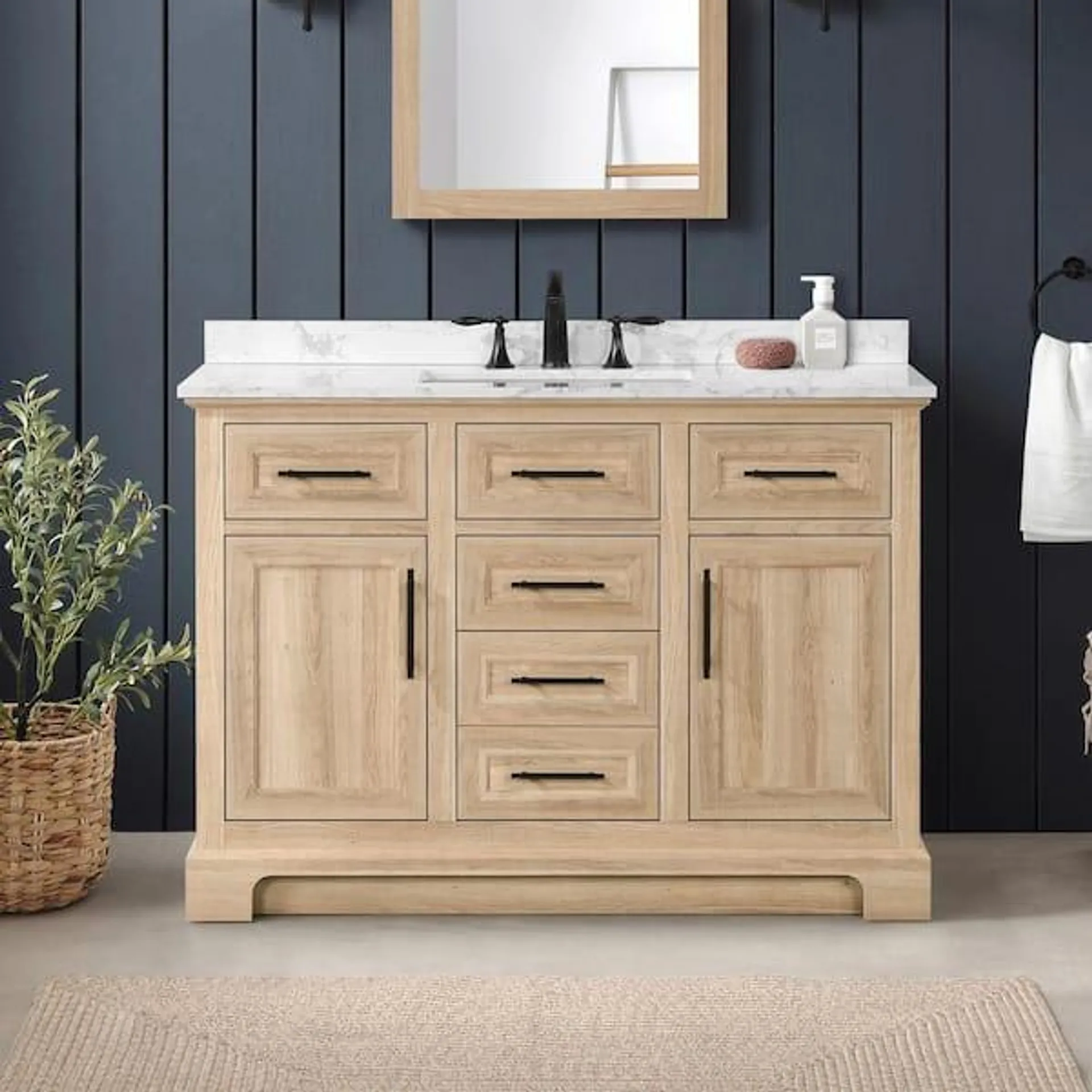 Doveton 48 in. Single Sink Freestanding Weathered Tan Bath Vanity with White Engineered Marble Top (Assembled)