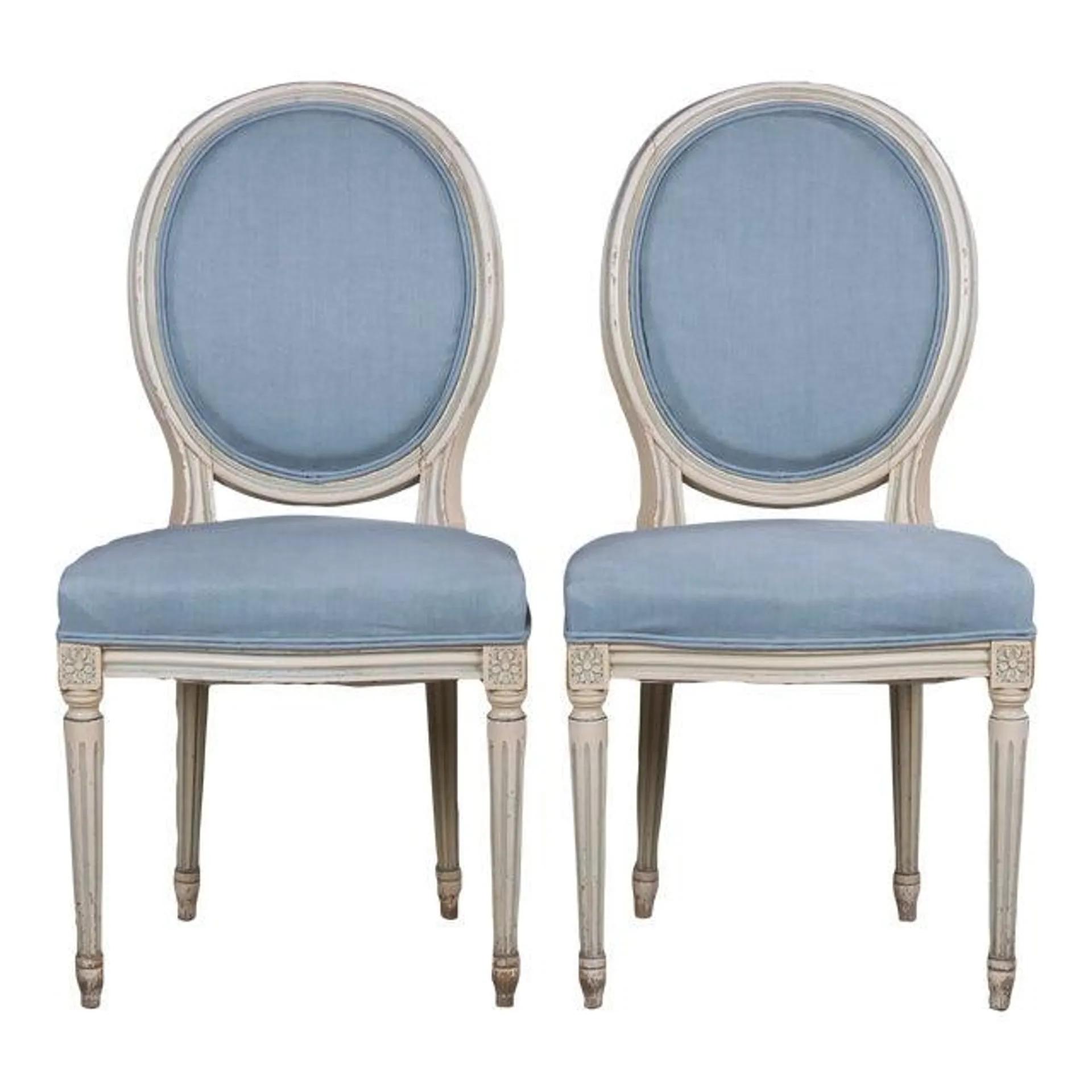 Antique French Louis XVI Style Painted Side Chairs W/ Light Blue Linen - a Pair