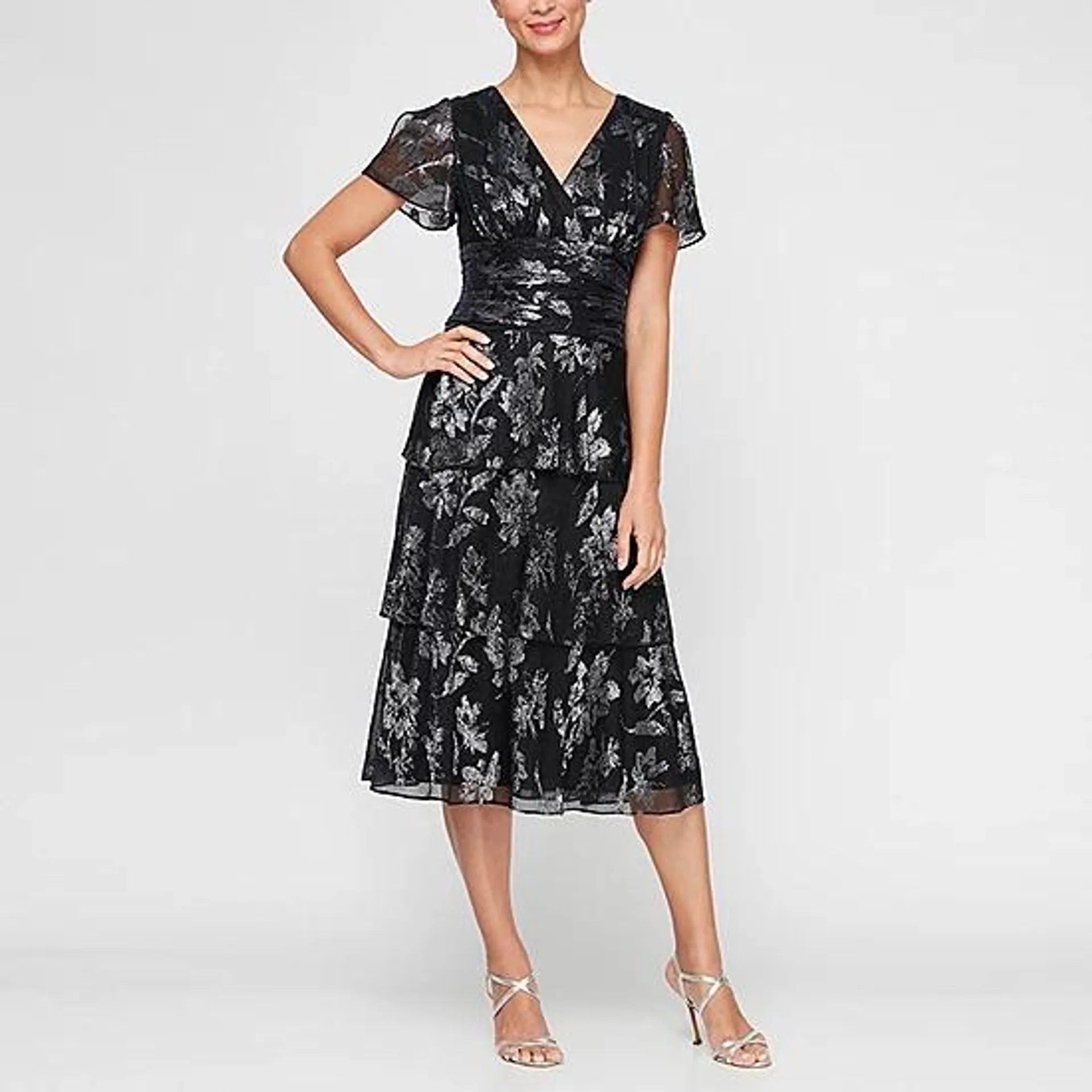 new! S. L. Fashions Floral Womens Short Sleeve Midi Fit + Flare Dress