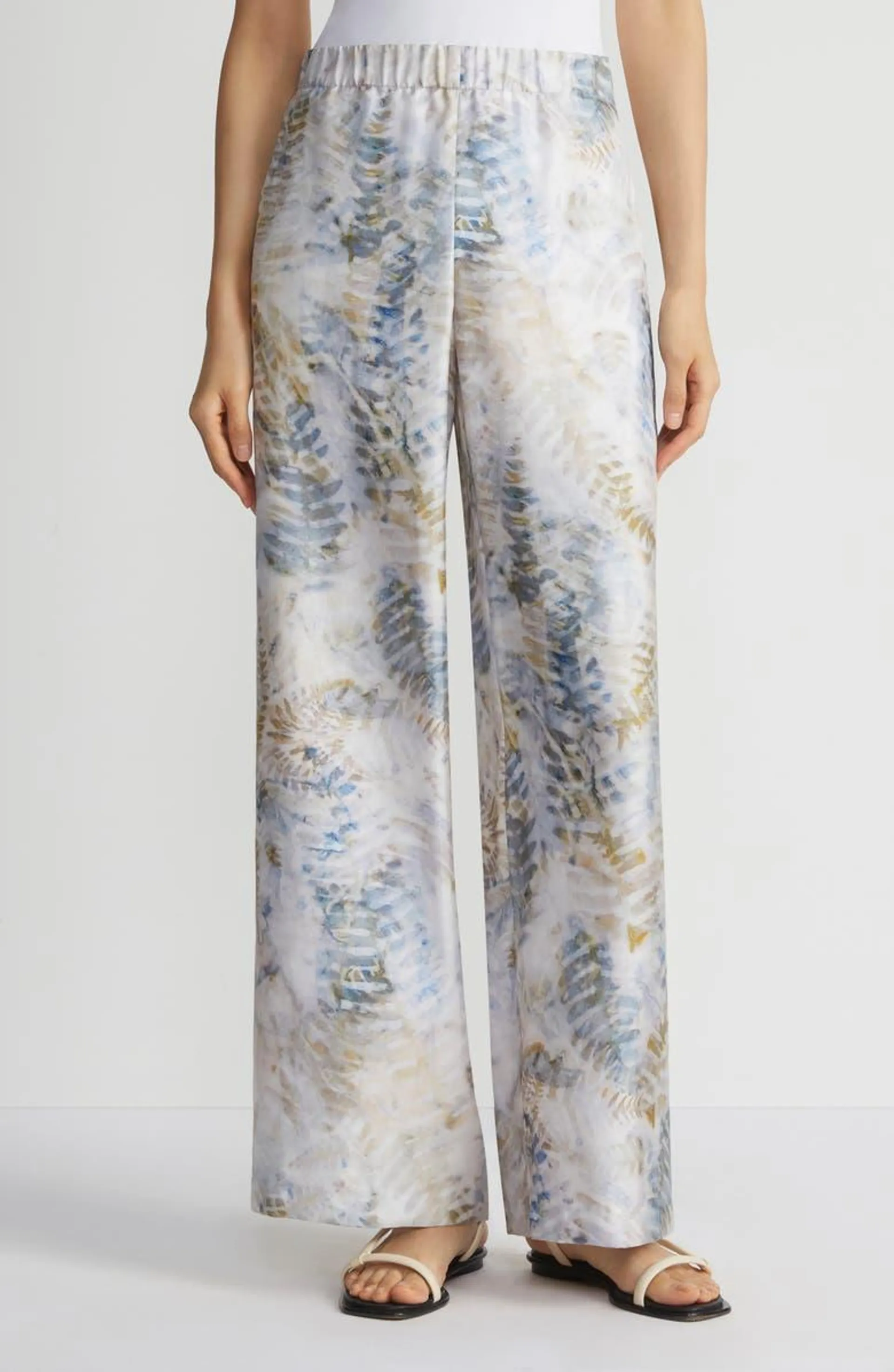 Riverside Fern Print Silk Twill Wide Leg Pants