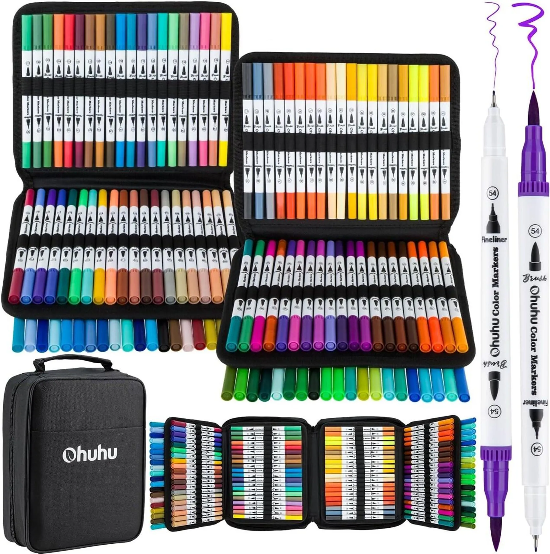 Ohuhu Water Based Markers for Adult Coloring Books: 160 Colors Brush Pens, Dual Tip Brush & Fine Drawing Pens, Coloring Markers for Calligraphy Bullet Journal with Carrying Case -Maui (White Package/Black Package)