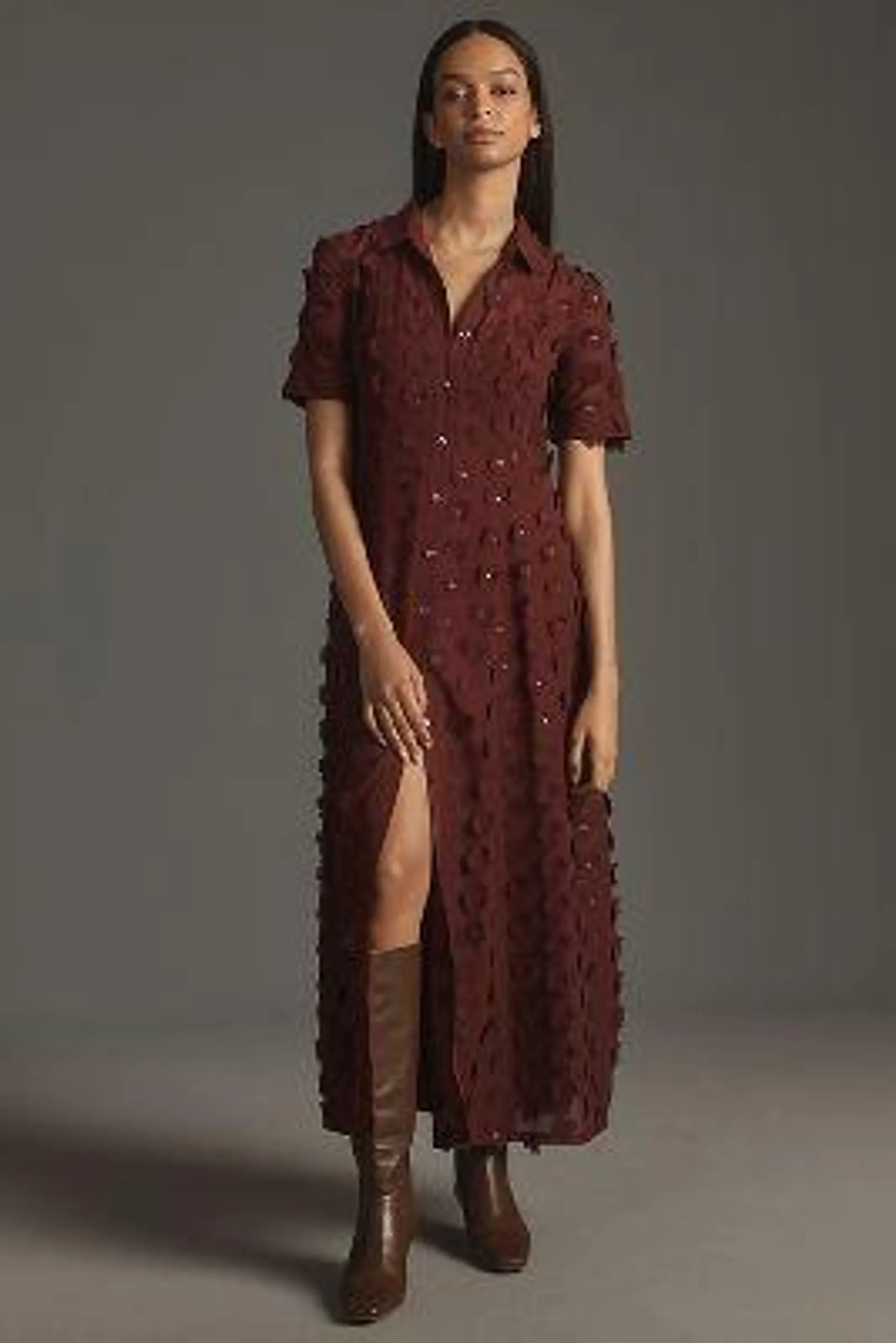 Porridge Short-Sleeve Sheer 3-D Floral Shirtdress