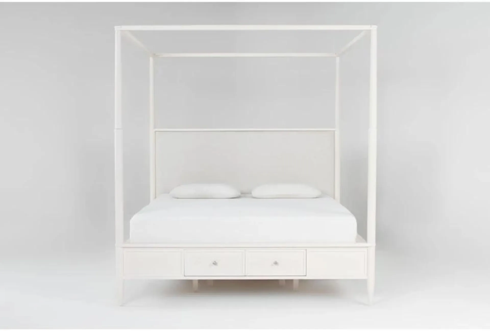 Austen White Queen Wood & Upholstered Canopy Bed With Footboard Storage