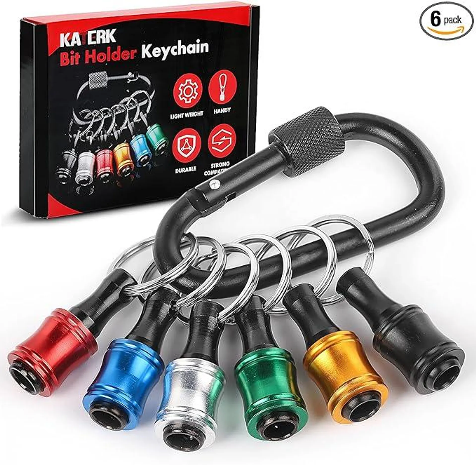 Push to Unlock,Katerk 6pcs 1/4 inch Hex Shank Aluminum Alloy Screwdriver Bit Holder Light-Weight Quick-Change Extension Bar Keychain Drill Screw Adapter Portable,Black Carabiner,Tool Gifts for Men