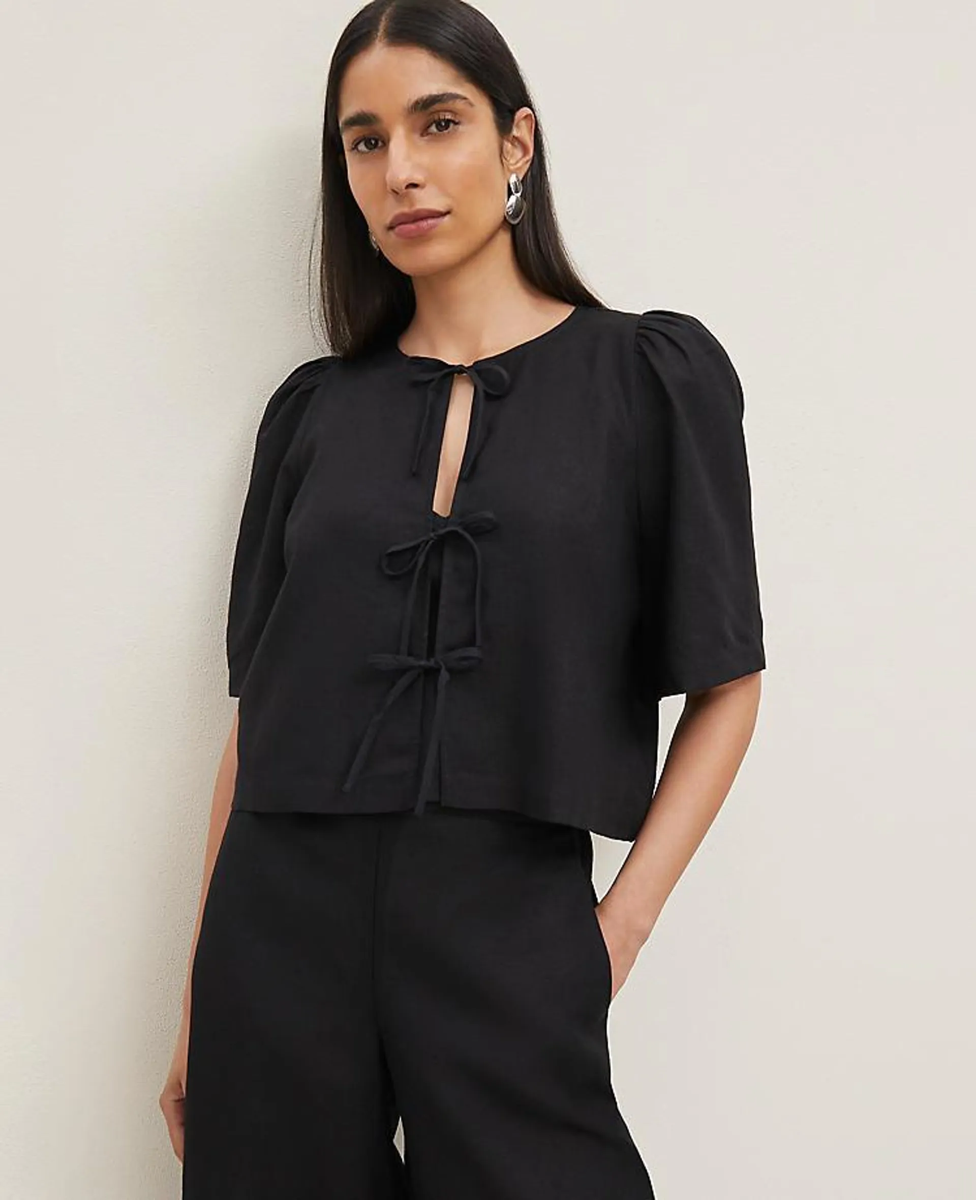 Triple Tie Linen Blend Blouse