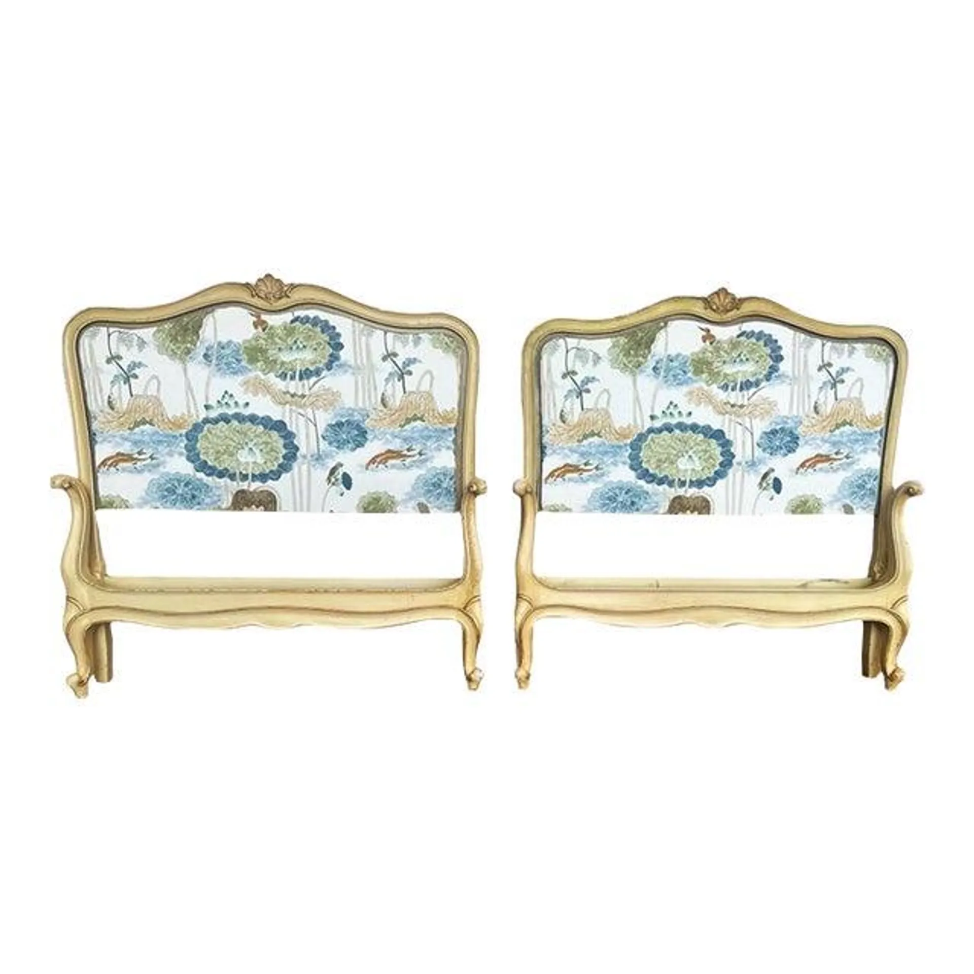 Pair of 1950s Drexel Louis XV Twin Beds Upholstered With New Cowtan & Tout ‘Treasure Flower’ Fabric