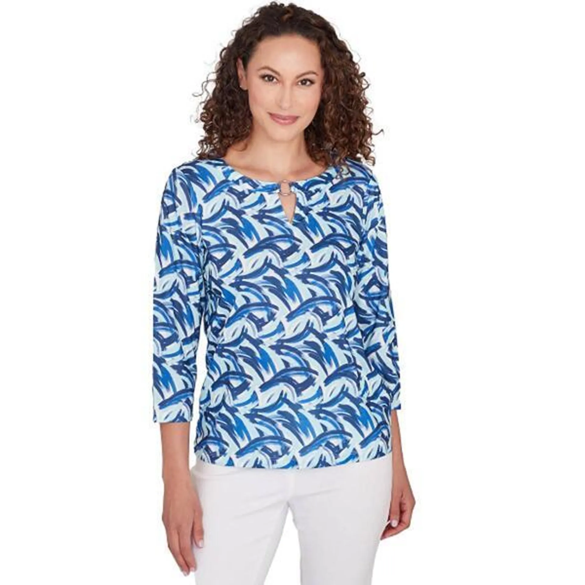 Womens Hearts of Palm Blue Lala 3/4 Sleeve Brush Stroke Blouse