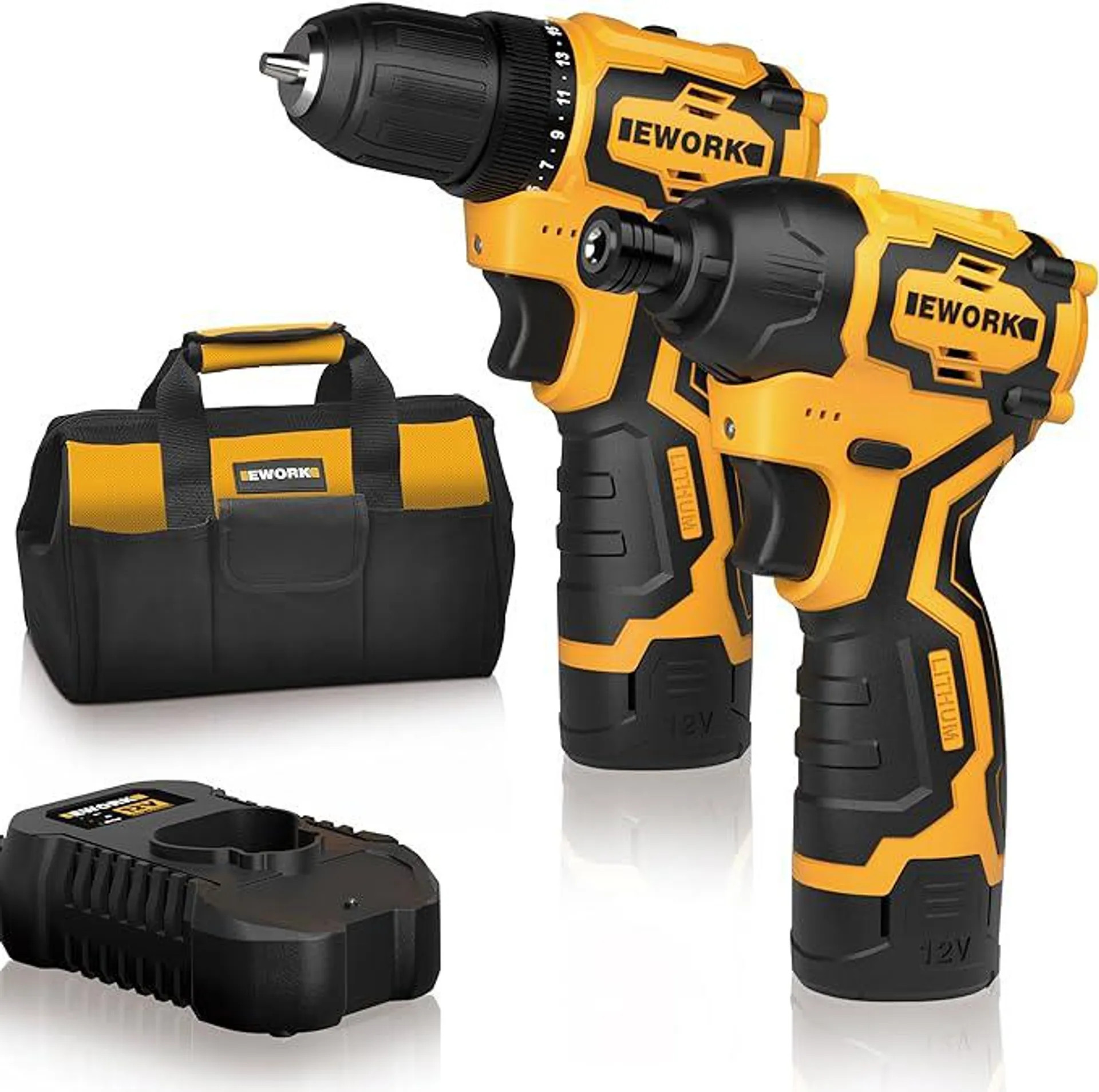 EWORK 12V Brushless Impact Driver and Cordless Drill Set, Compact Power Tool Combo Kits, High Torque Small Electric Drill Driver with (2) 2.0Ah Battery, Fast Charger, Tool Bag, Built-in LED