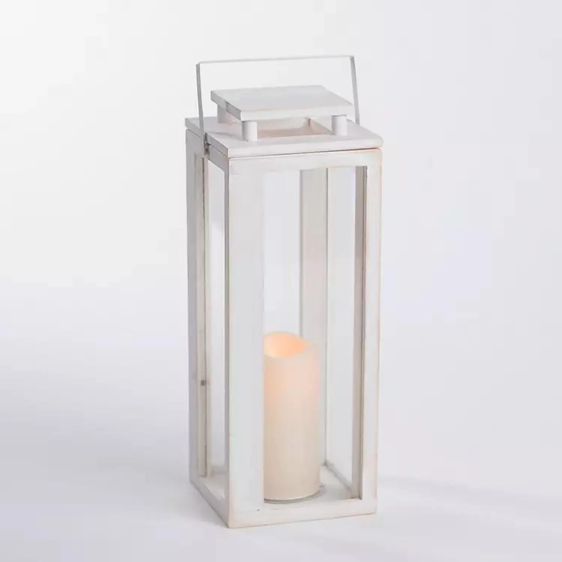 Pre-lit Whitewashed Wood & Glass Lantern, 15 in.