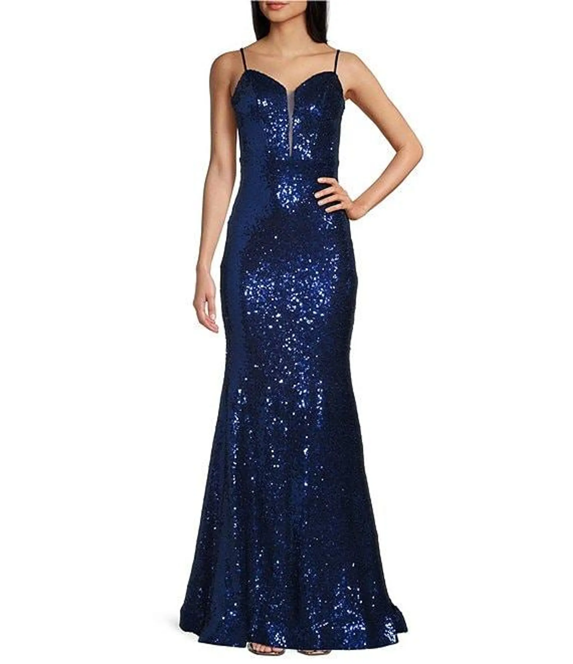 Sequin V-Neck Long Dress With Train