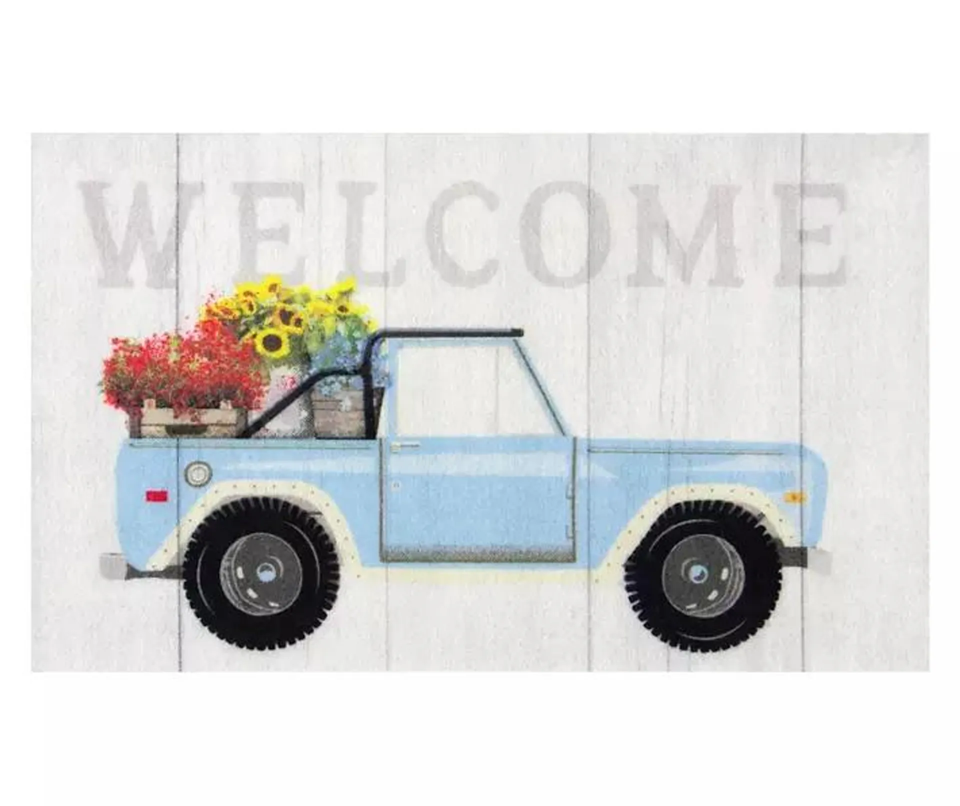 "Welcome" White & Blue Flower Truck Doormat, (18" x 30")