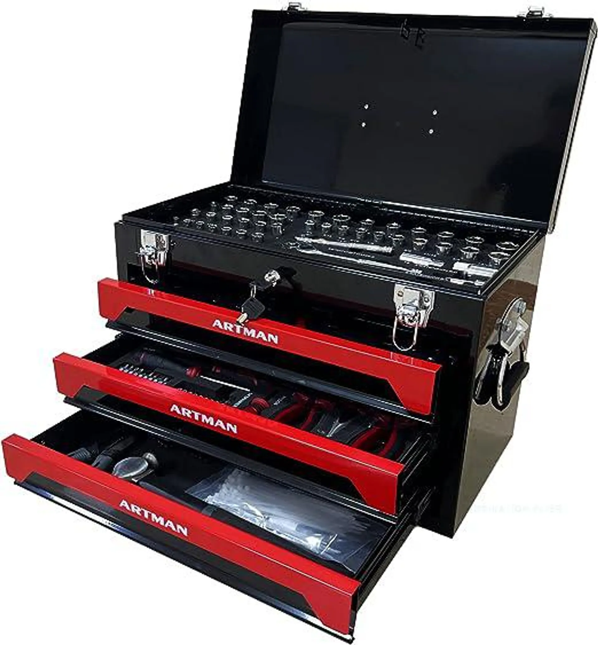 Tool Set and Mechanic Tool Set Box with Handle and 3-Drawer Heavy Duty Metal Box - 339 Piece Tool Kits for Adults Mechanics Workshop Maintenance and Repair Projects - Red