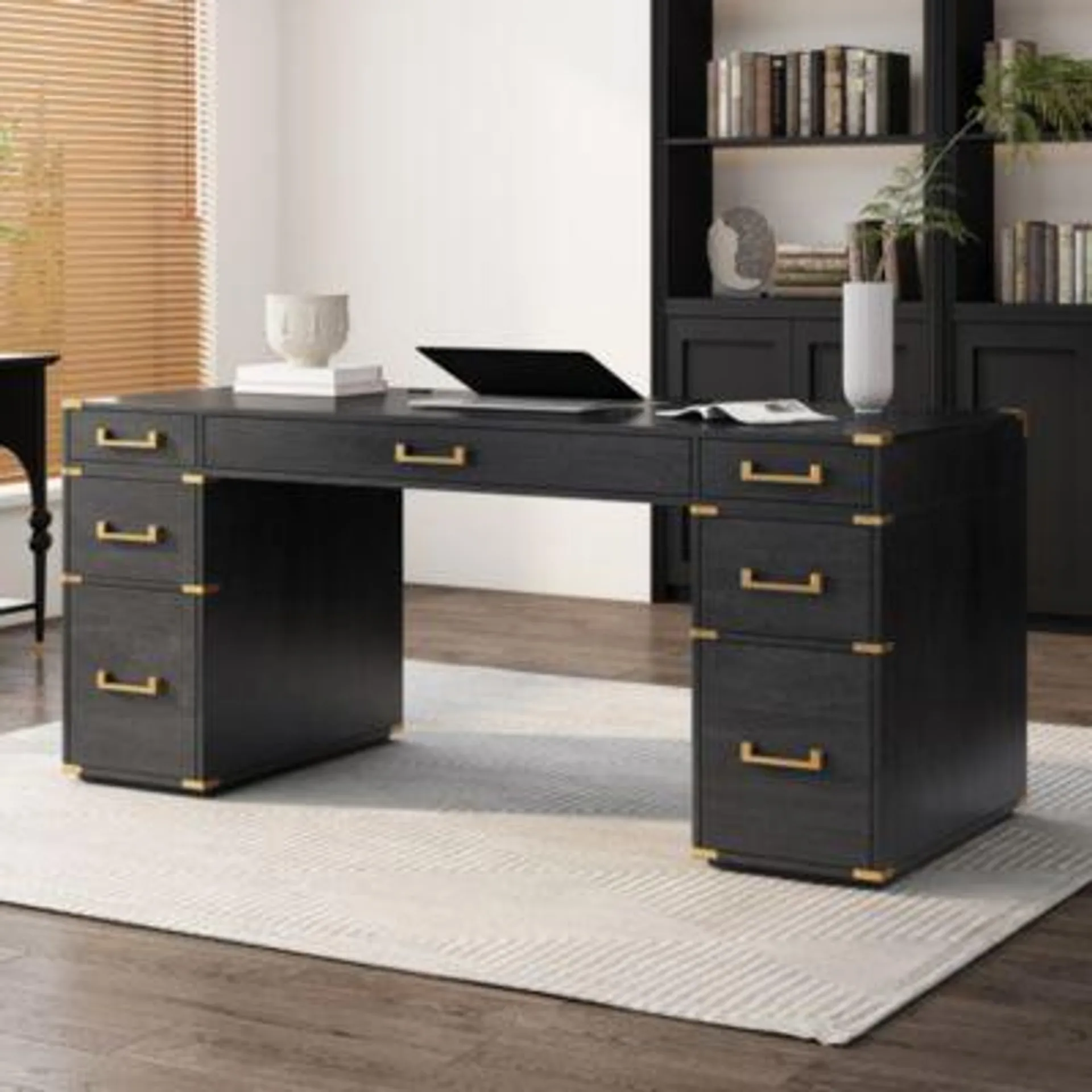 Streamdale Furniture Classic Executive Desk with Metal Trim, File Drawers, USB Ports