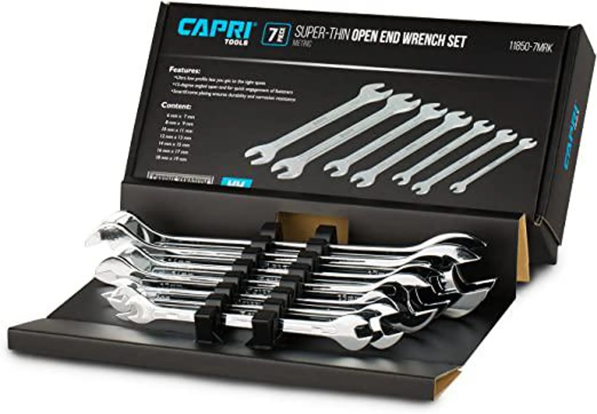 Capri Tools Super-Thin Open End Wrench Set, Metric, 6 to 19 mm, 7-Piece (11850-7MRK)