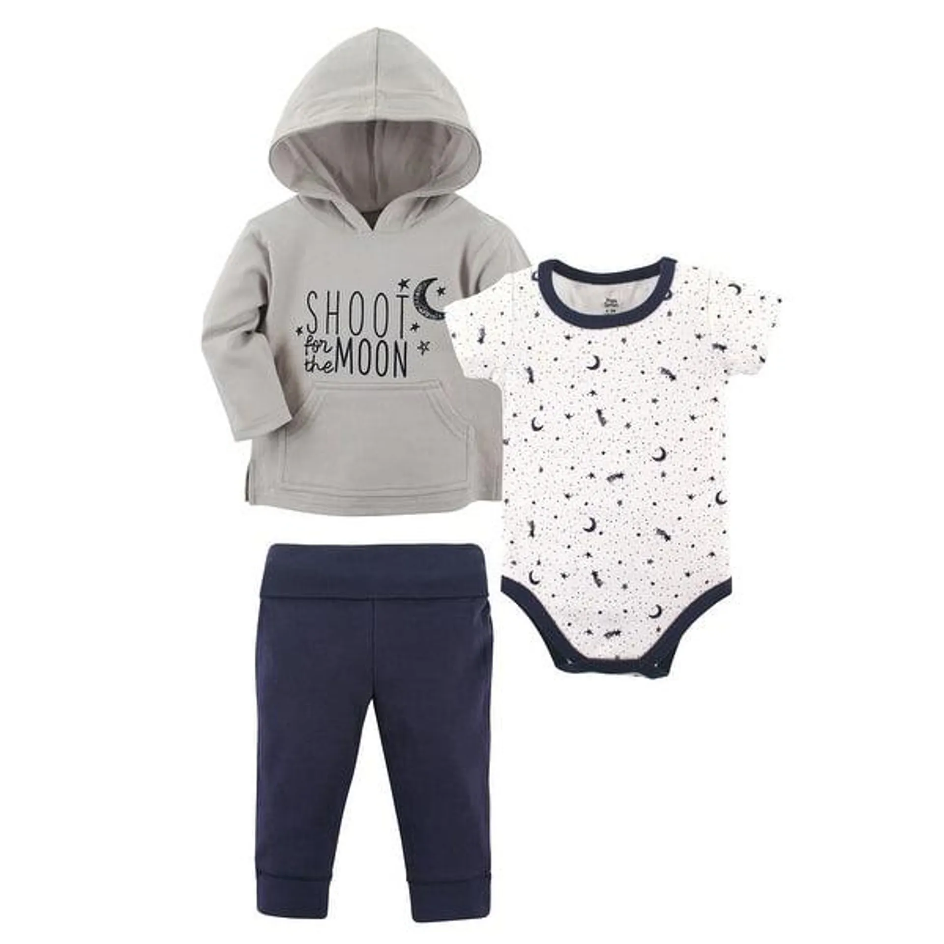 Yoga Sprout Baby and Toddler Boy Cotton Hoodie, Bodysuit or Tee Top, and Pant, Moon Baby