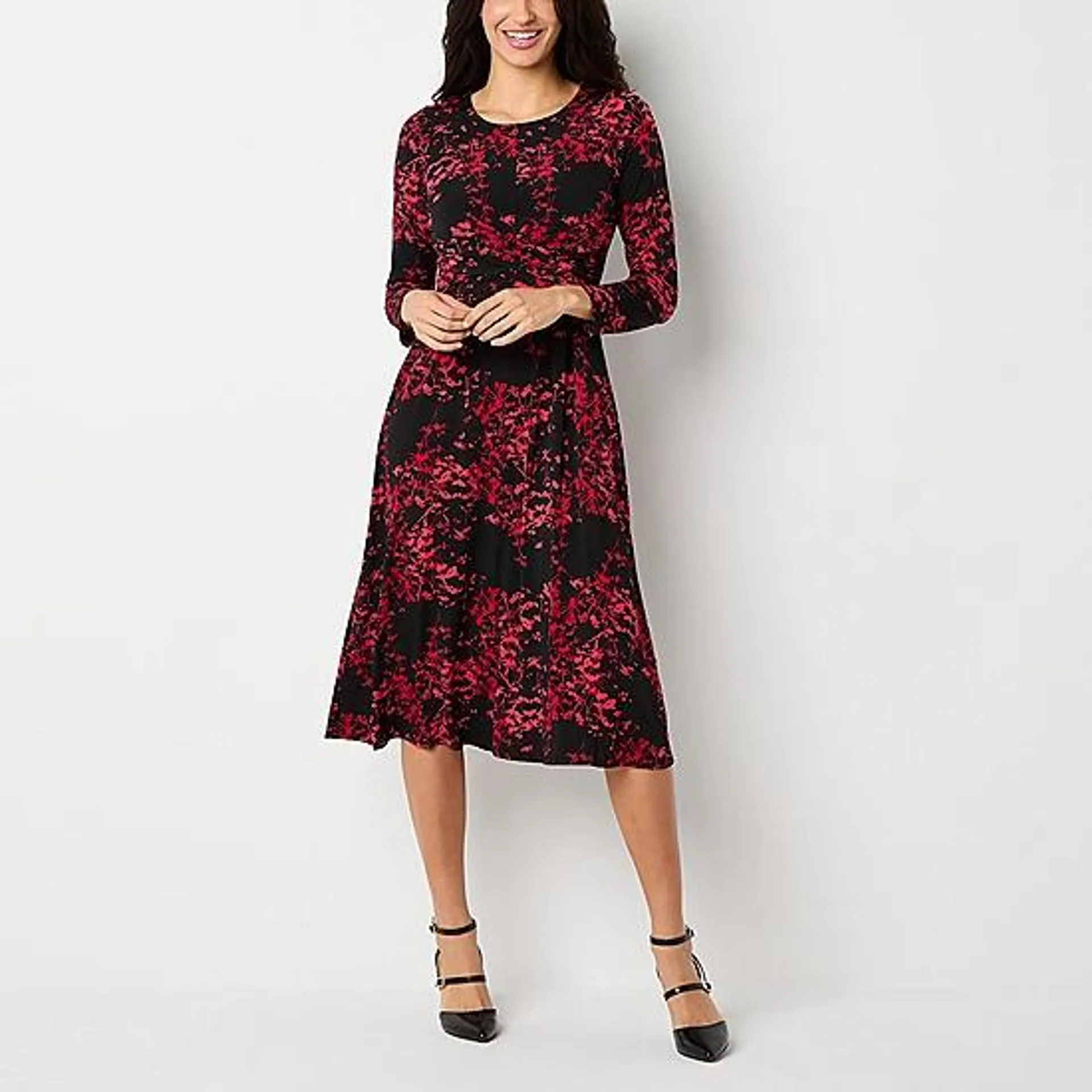 new! Studio 1 Womens Long Sleeve Floral Fit + Flare Dress