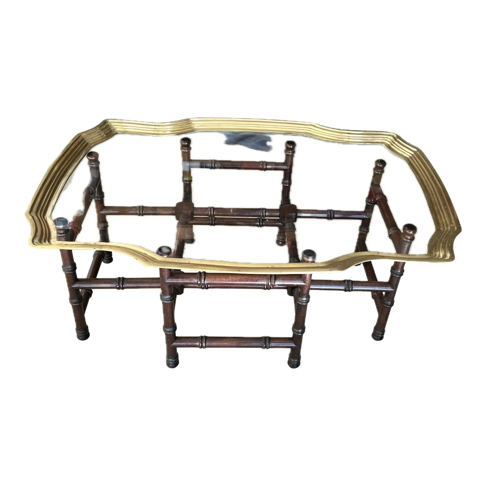 Mid 20th Century Baker Style Brass and Glass Coffee Table on Faux Bamboo Stand