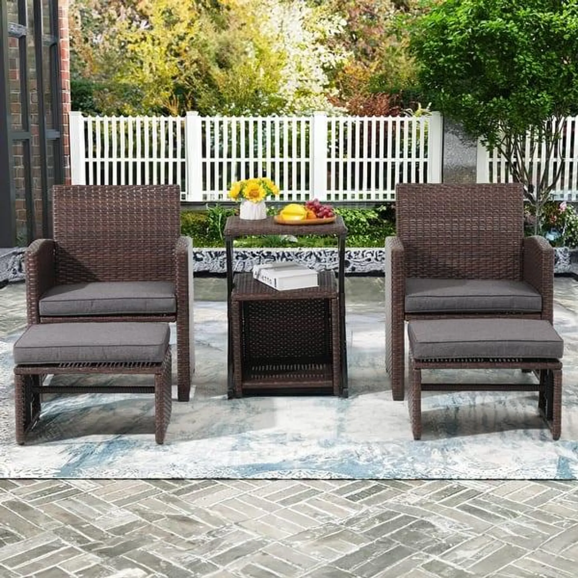 Patio 6 Pieces Wicker Conversation Set with Ottoman and Side Table