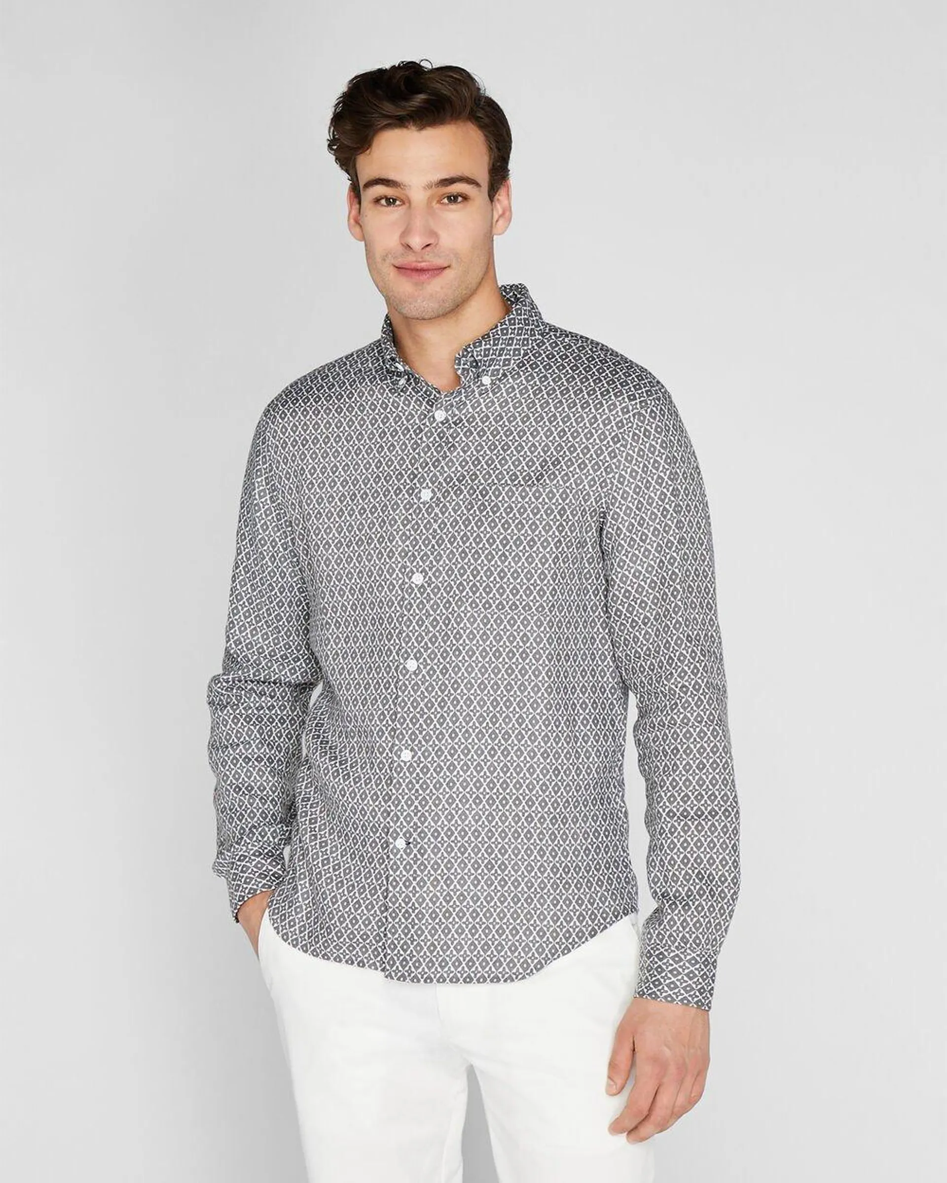 Long Sleeve Tile Print Linen Button Down Shirt