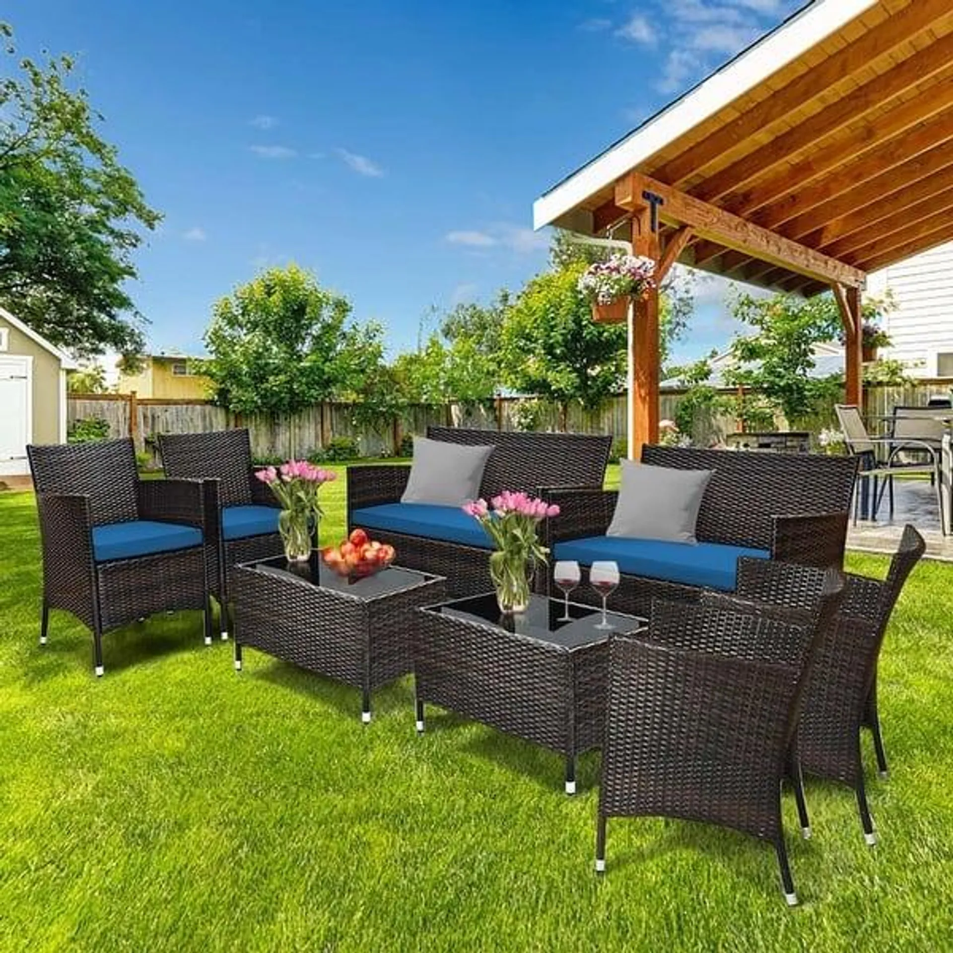 8PCS Patio Rattan Conversation Set Outdoor Furniture Set w/ End Table