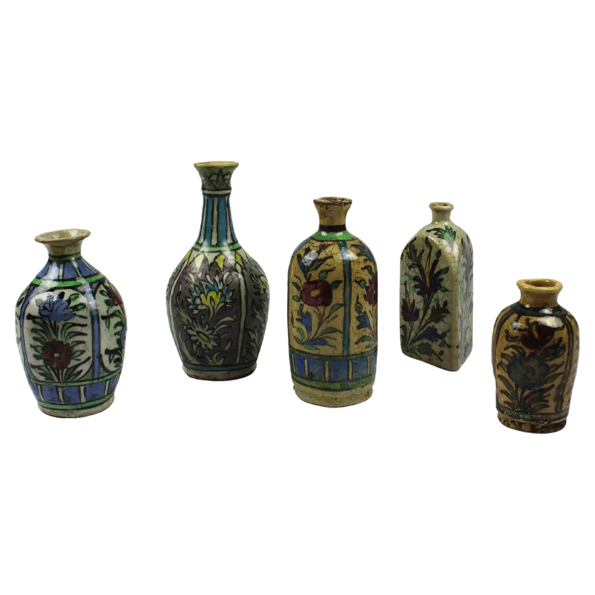 Set of 5 Persian Qajar Pottery Flask late 19th Century Floral ornaments Iran