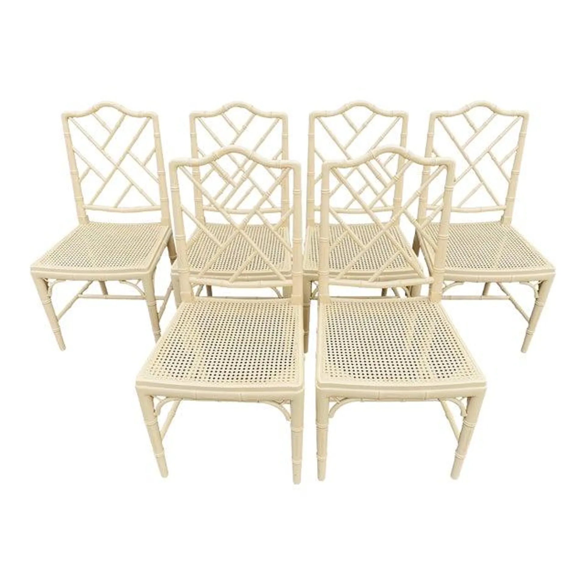 Vintage Chippendale Faux Bamboo Wood and Caned Dining Chairs - Set of 6