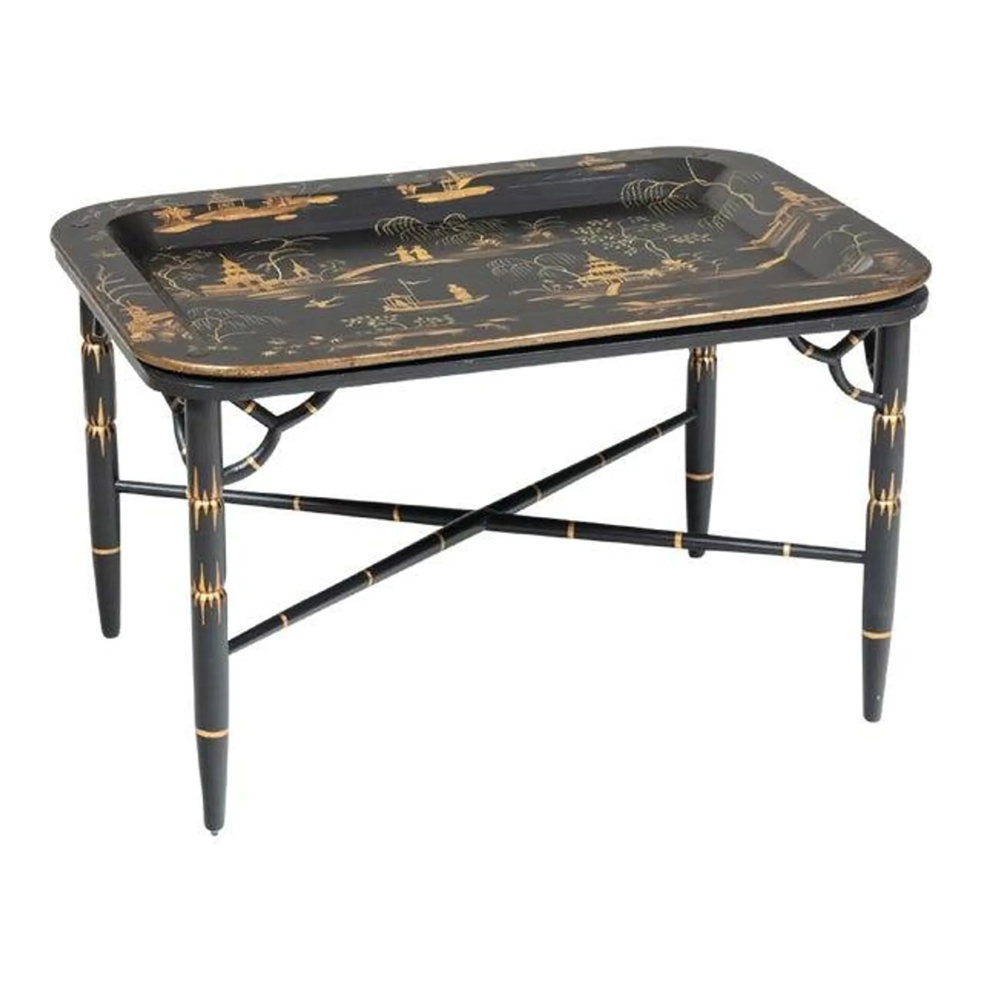 1980s Chinoiserie Black and Gold Tray With Stand Cocktail Table. Briger Design