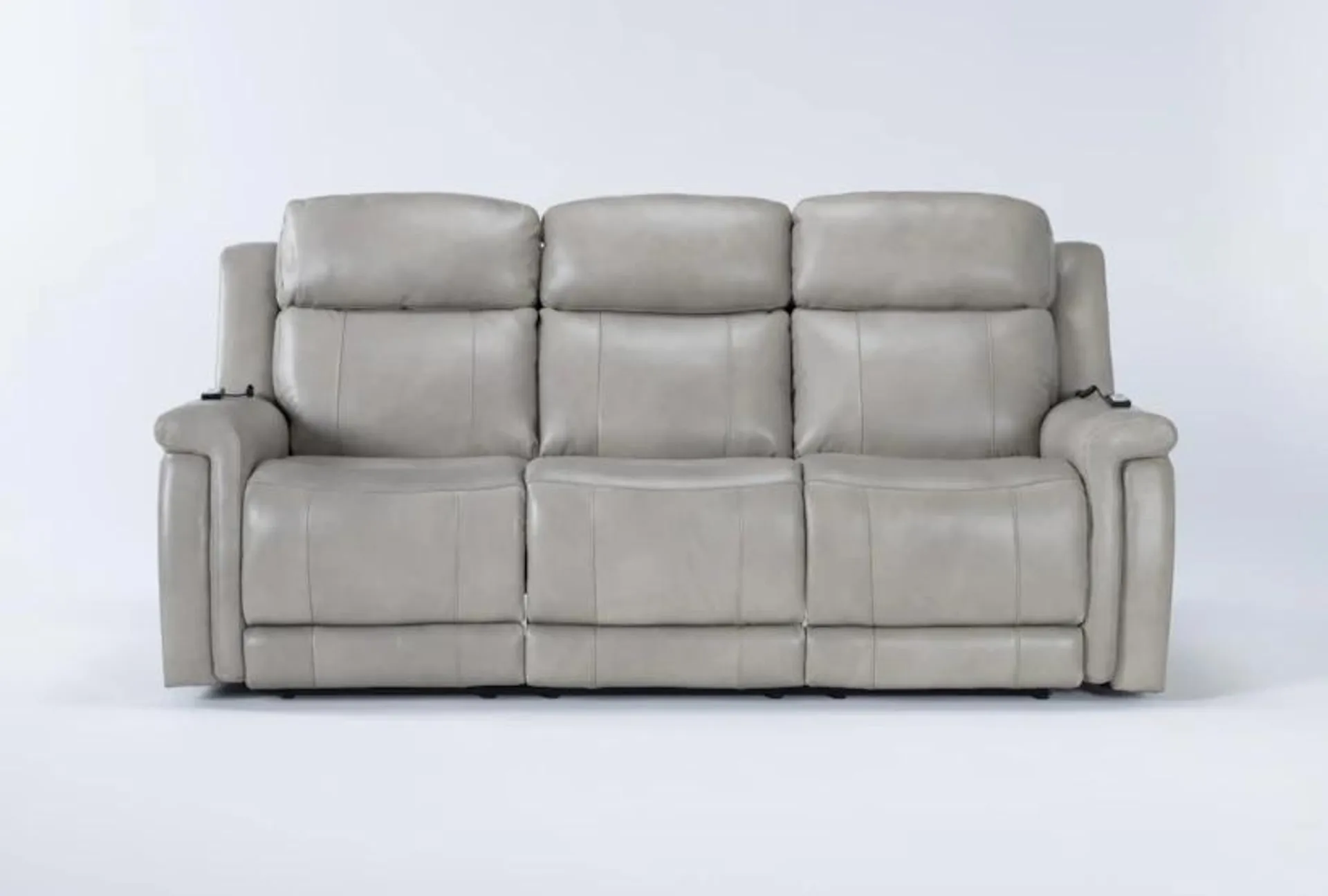 Serena Taupe Leather 87" Power Reclining Sofa with Power Headrest, Lumbar, USB, Heat & Massage