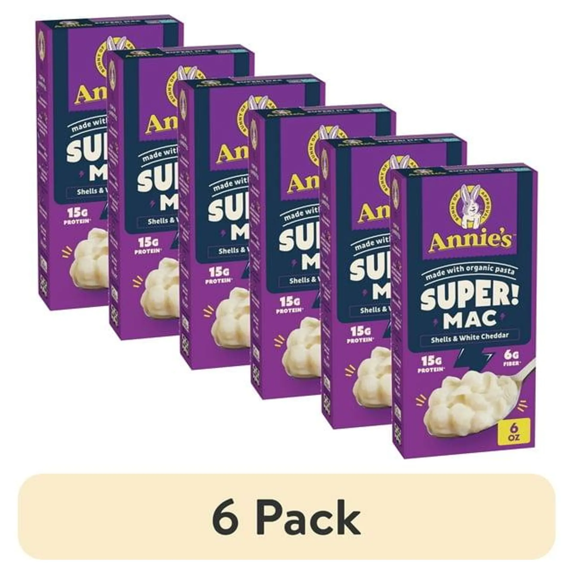 (6 pack) Annie's Super! Mac Shells and White Cheddar Macaroni and Cheese, After School Snack, 6 oz