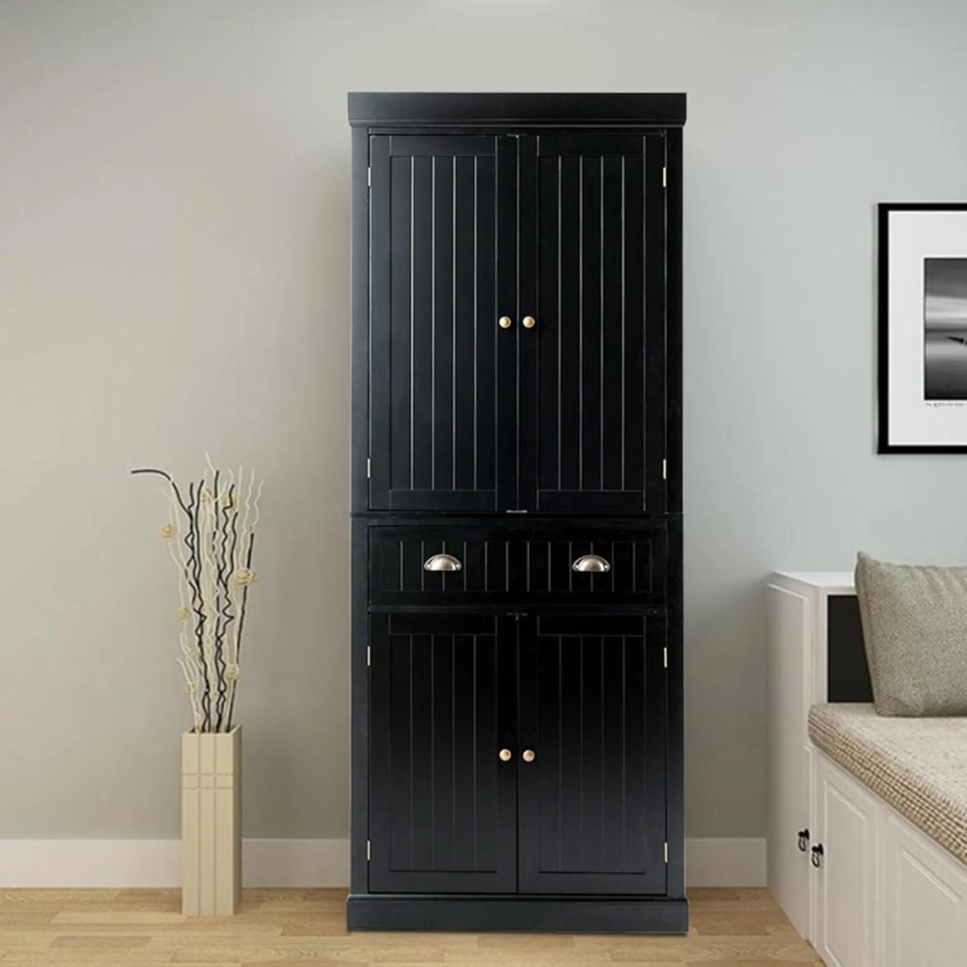 Gymax Black Cabinet Storage Pantry Cupboard Freestanding w/Adjustable Shelve Home Furniture