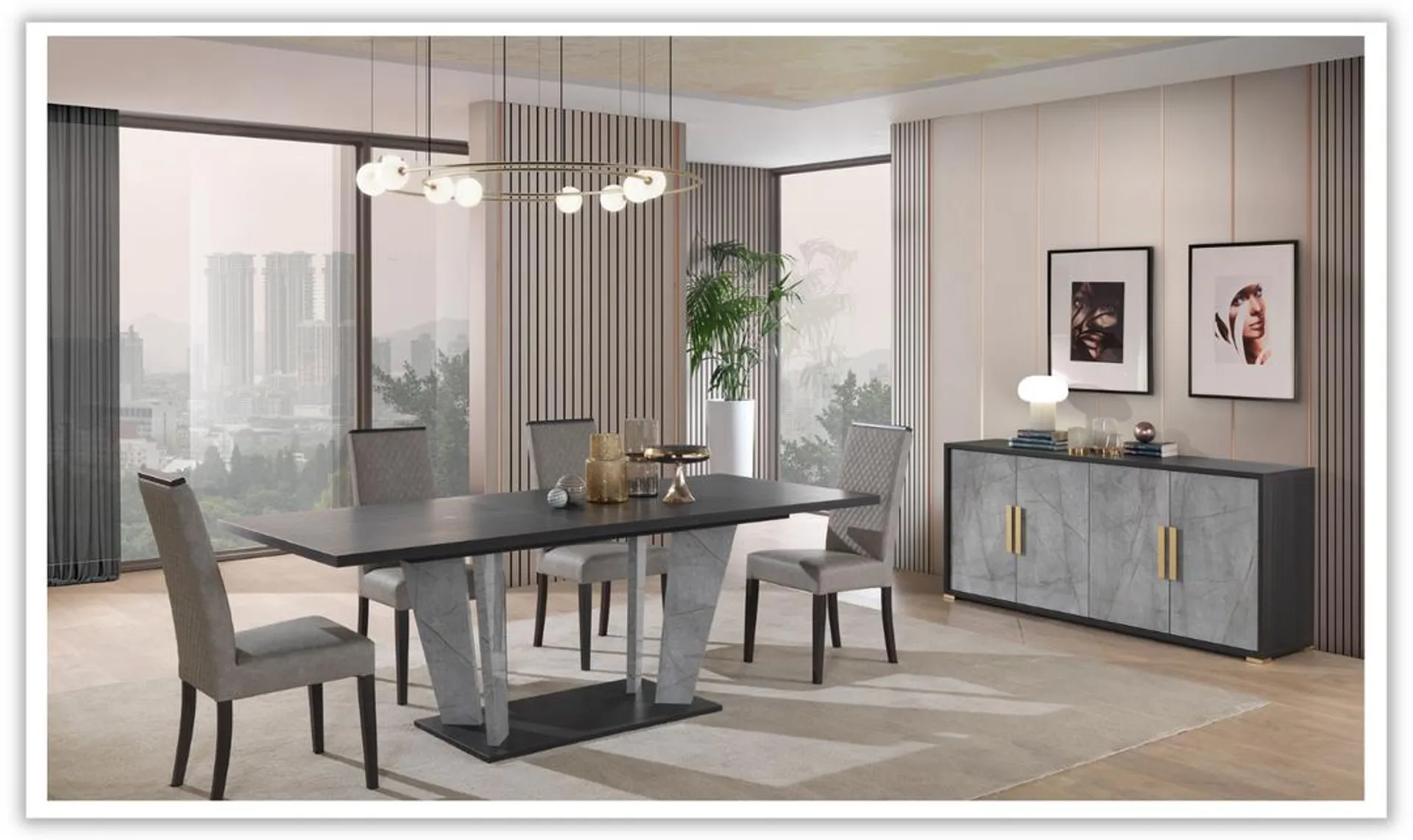 Jennifer Italia Travertine Premium Dining Room Set In Gray