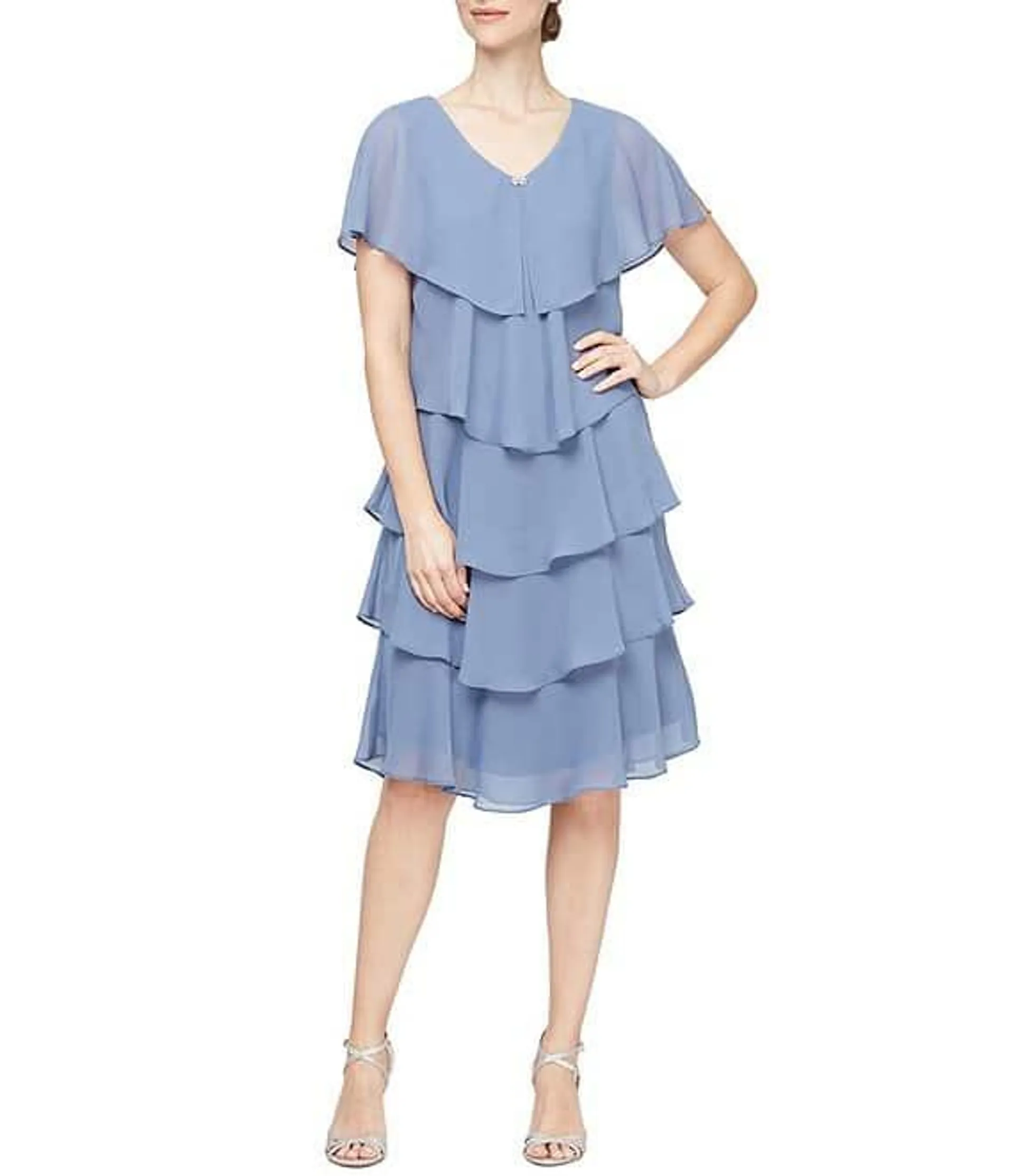 Jewel V-Neck Short Sleeve Georgette Tiered Capelet Shift Dress