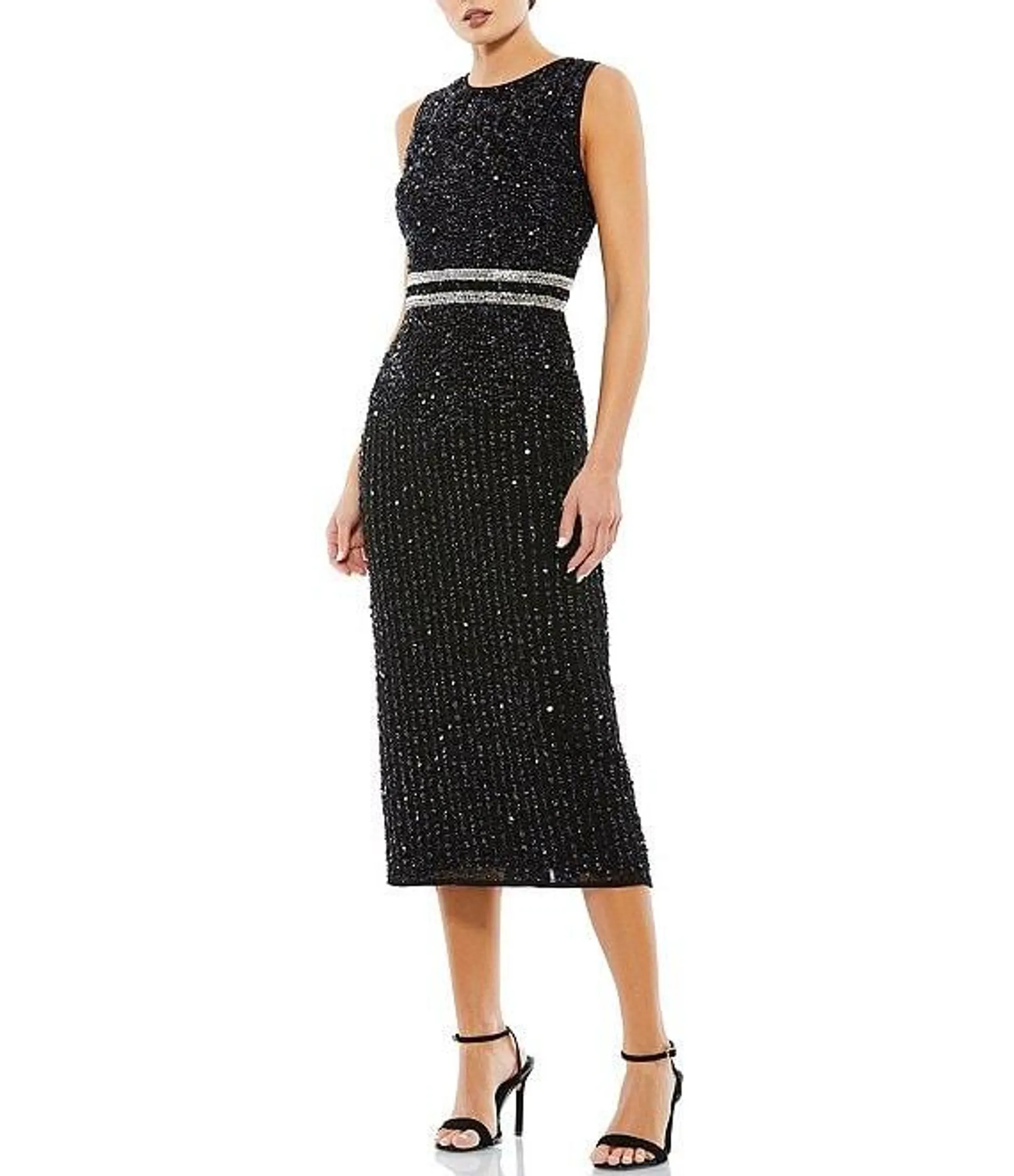 Sleeveless Sequined Chiffon Midi Dress