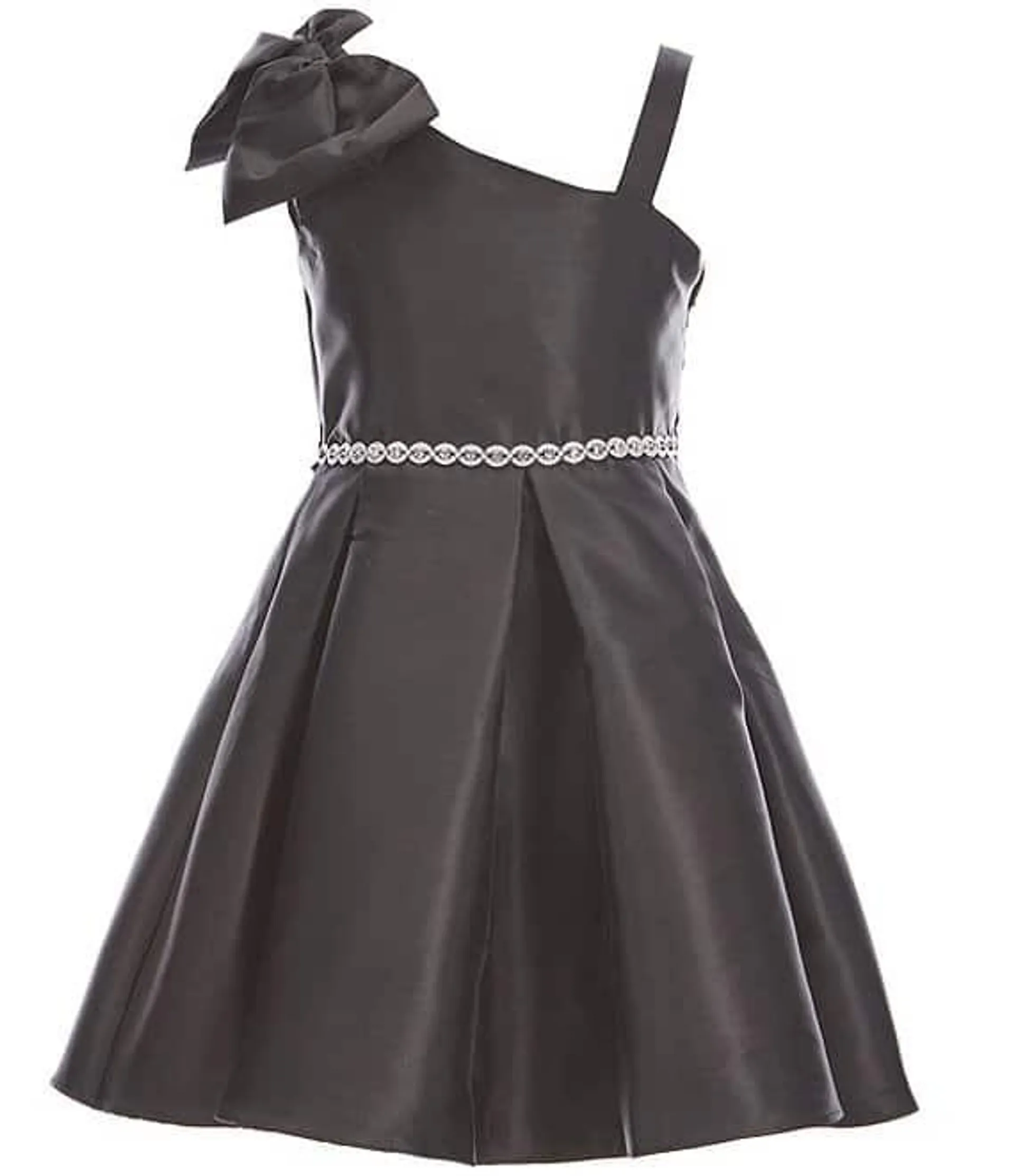 Big Girls 7-16 Asymmetrical-Neckline Rhinestone Detail Fit-And-Flare Mikado Dress