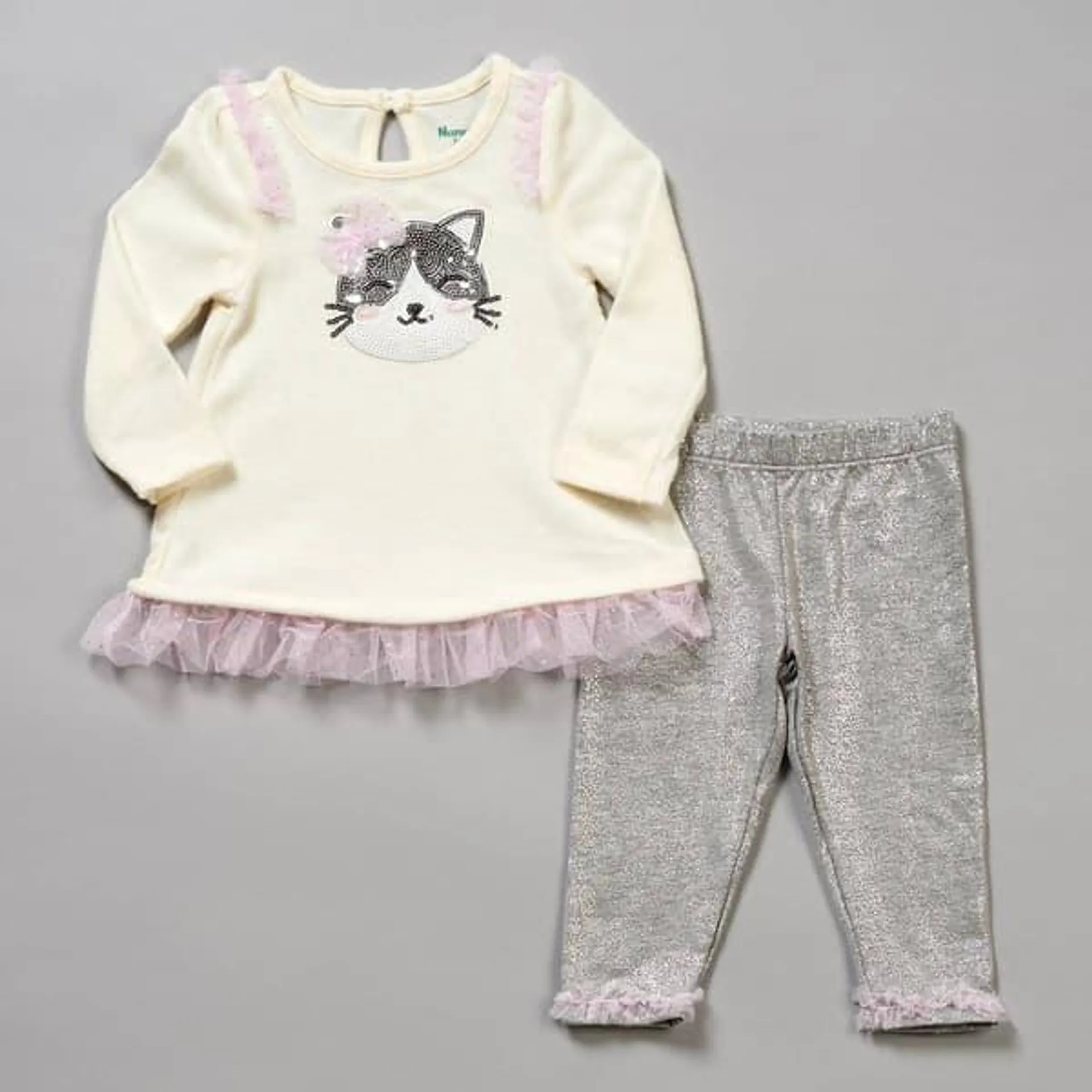 Baby Girl (6-12M) Nannette Baby Cat Top & Disco Dot Leggings Set