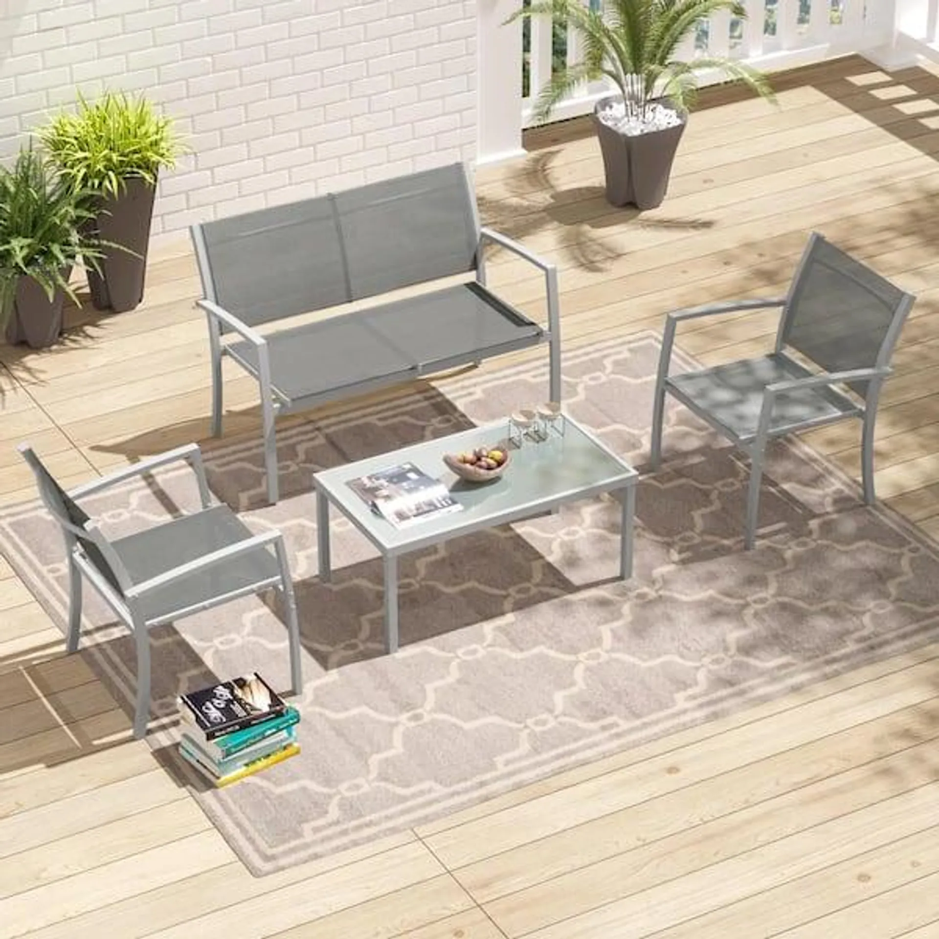 Antonio Gray 4-Piece Outdoor Sling Fabric Patio Conversation Seating Set