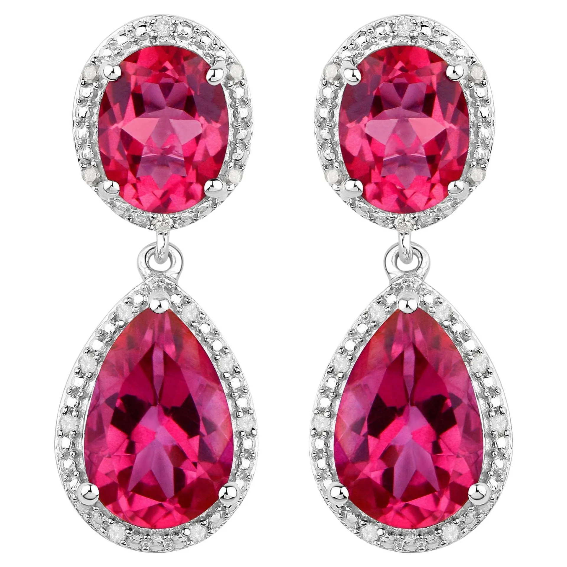 Hot Pink Topaz Earrings Diamond Setting 11.35 Carats Total