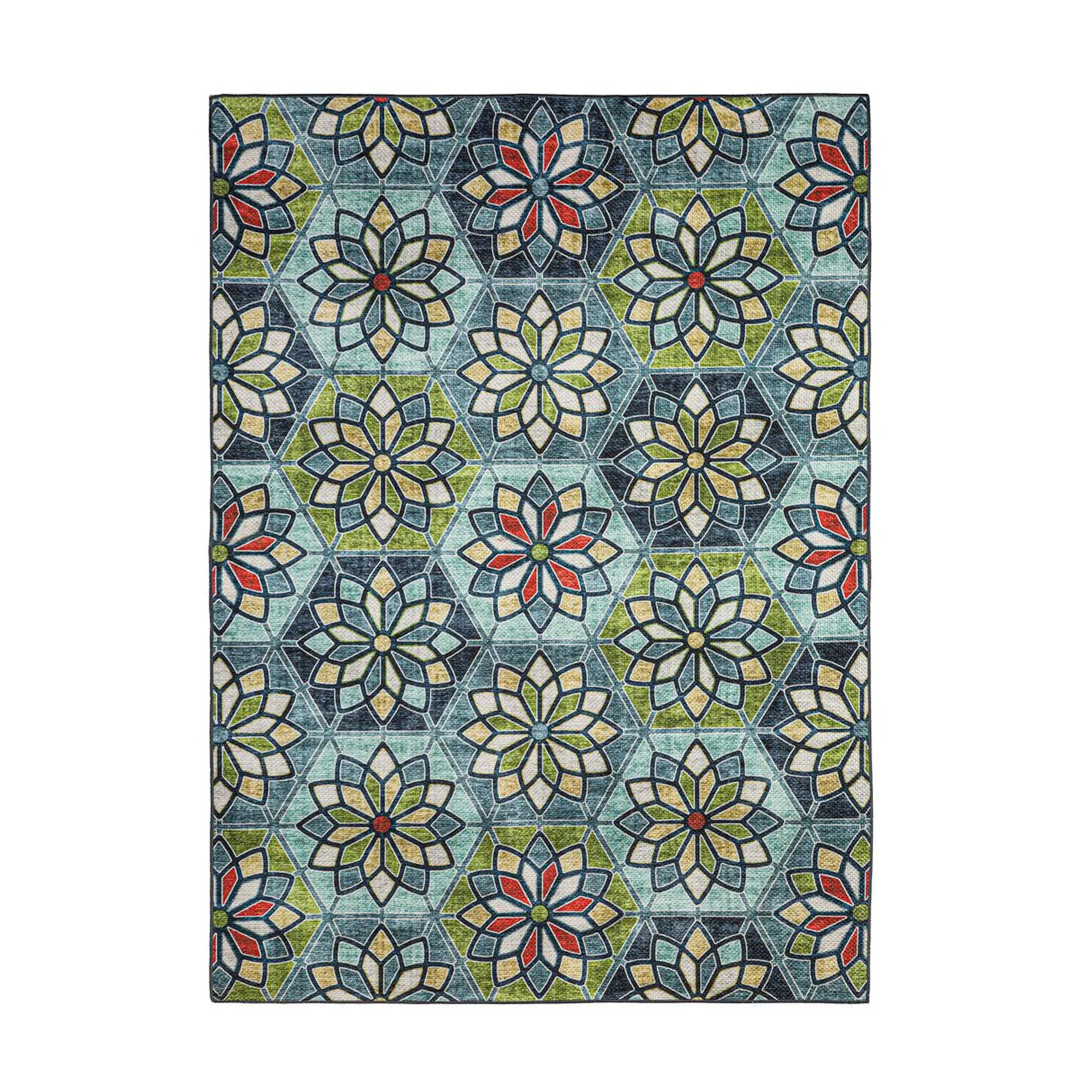 Indoor/Outdoor Machine Washable Green Kaleidoscope Printed Rug, 5' x 7'