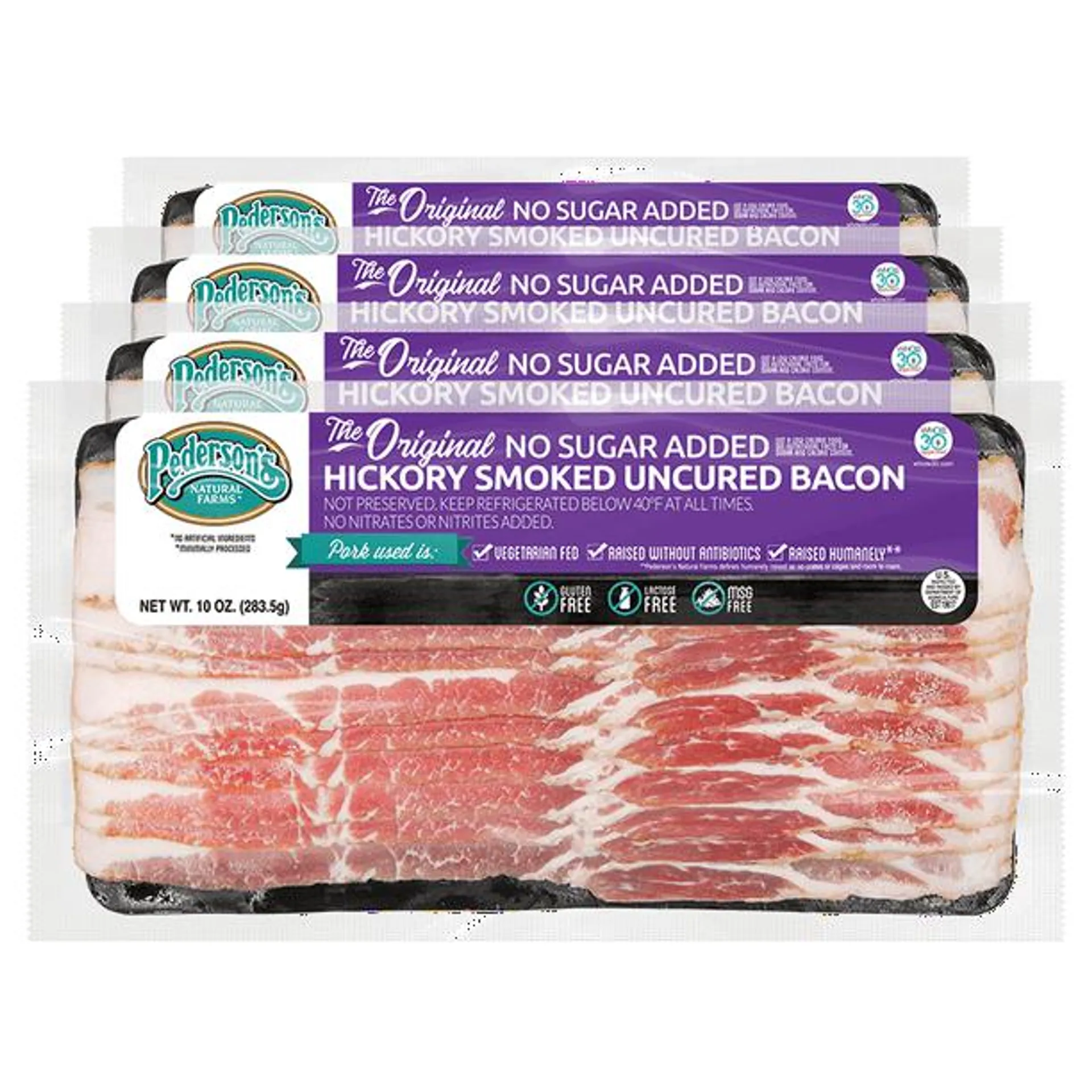 Pedersons Farms, The Original No Sugar Hickory Smoked Uncured Bacon (4 Pack) Whole30, Keto Friendly