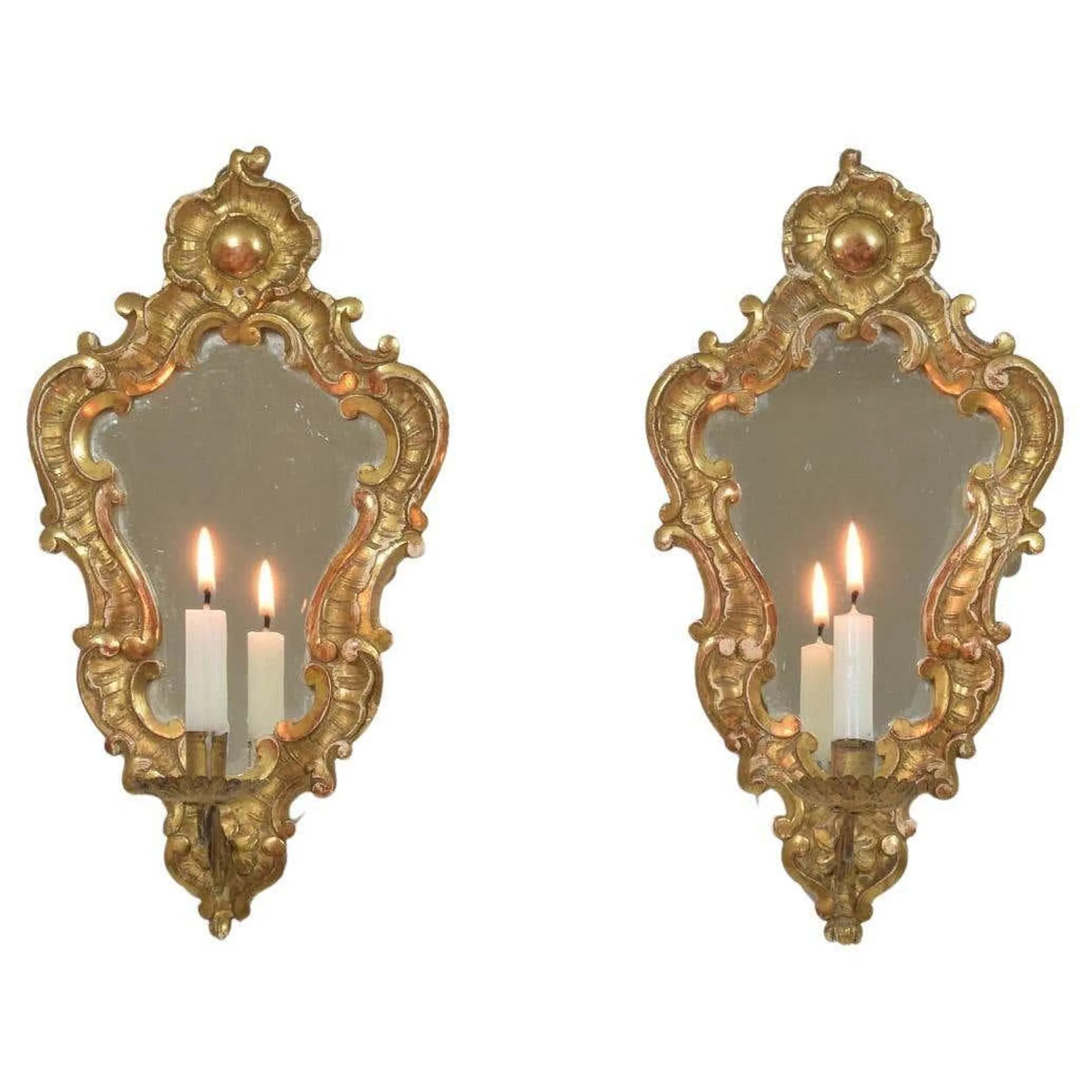 Pair 19th century Italian Giltwood Wall Candleholders / Sconces With Mirrors