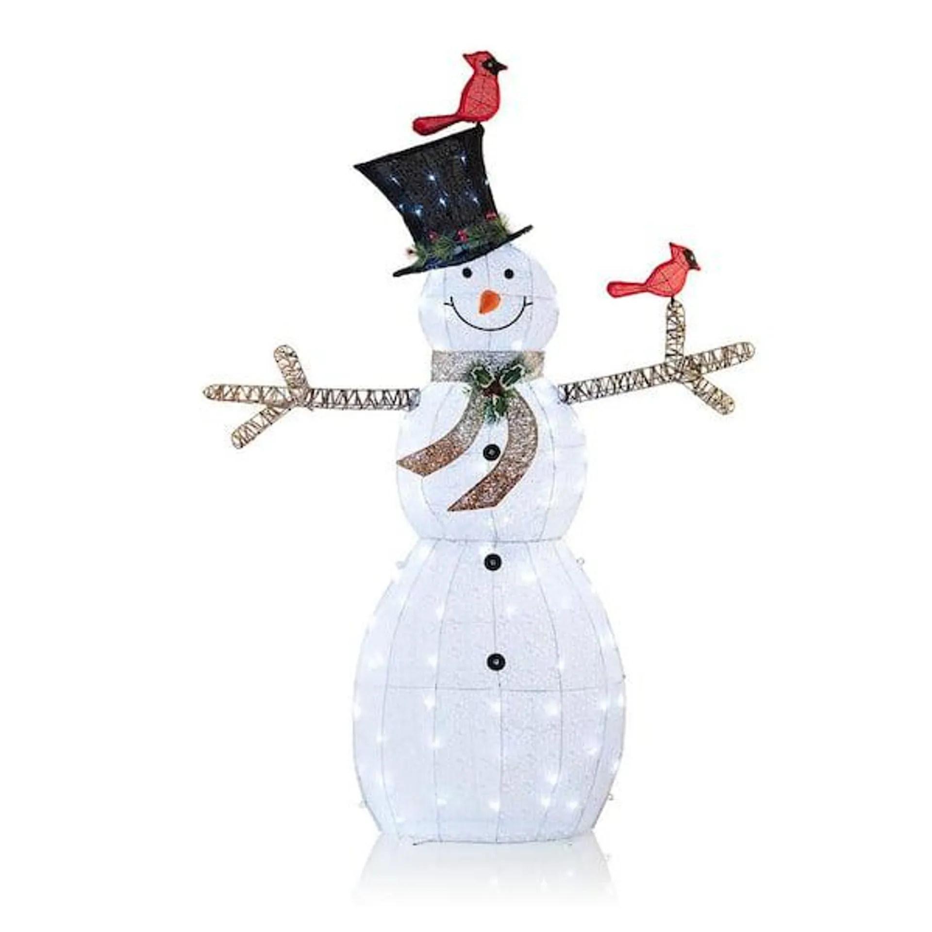 74 in. Tall Mesh Snowman Decor with Red Birds and Cool White LED Lights